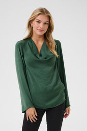 Kaffe KAariel Forest Green Satin Cowl Neck Blouse – Long Balloon Sleeves Button Cuffs Relaxed Fit | Women