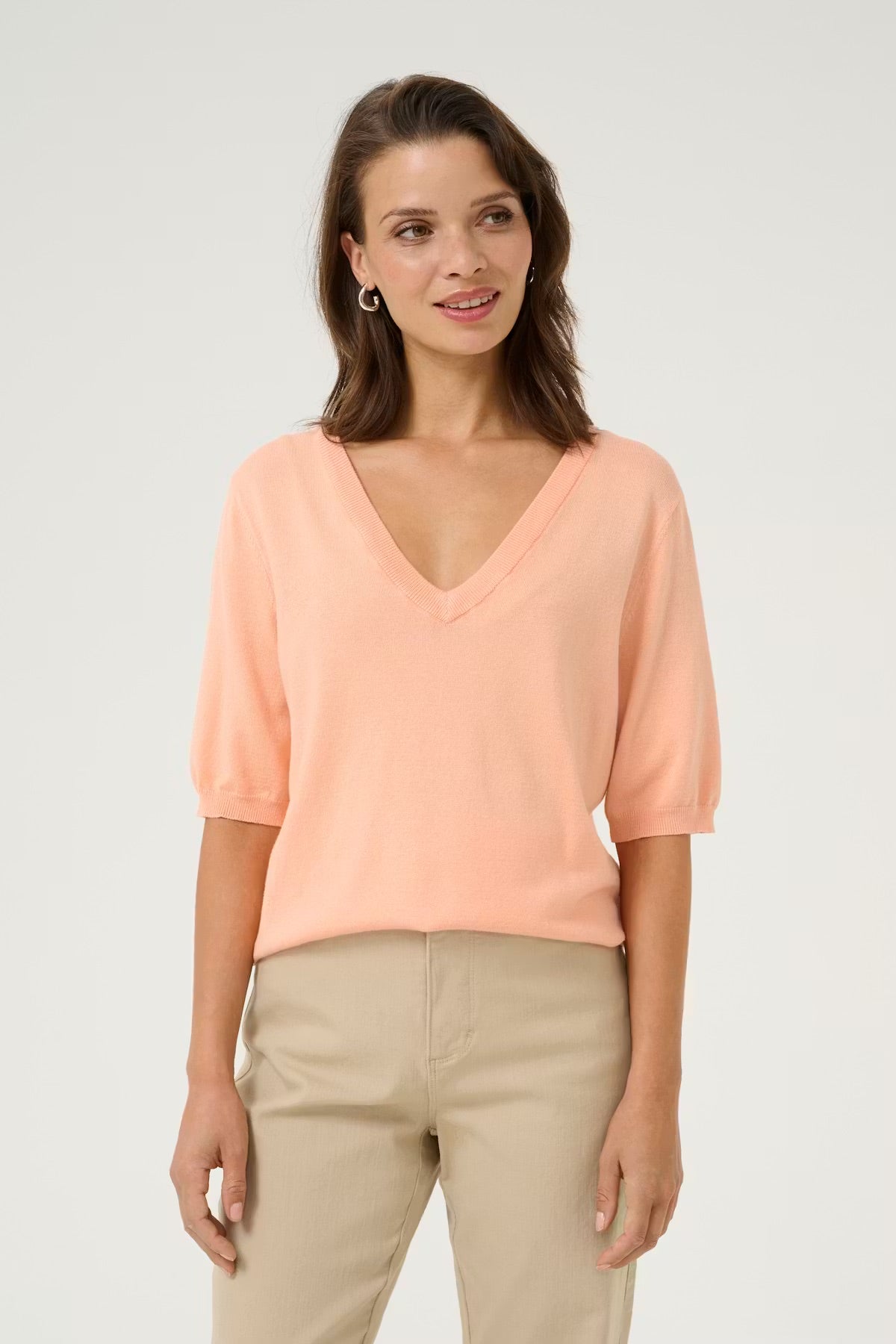 Kaffe KAlizza Peach Knit Pullover – V-Neck Puff Sleeves Relaxed Fit | Women