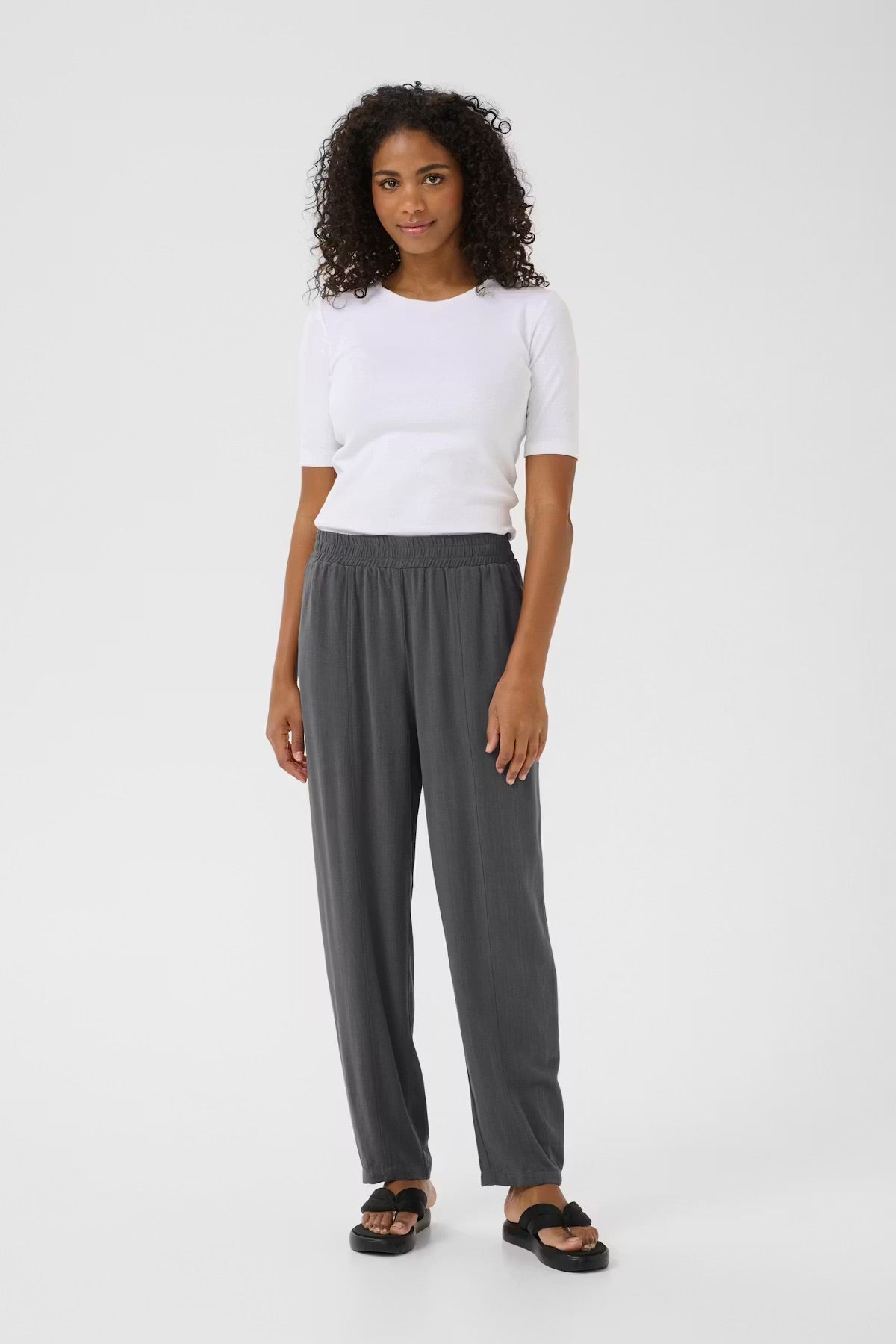 Kaffe KAliny Anthracite Grey Fluid Tapered Trousers – Smocked Elasticated Waist Side Pockets | Women