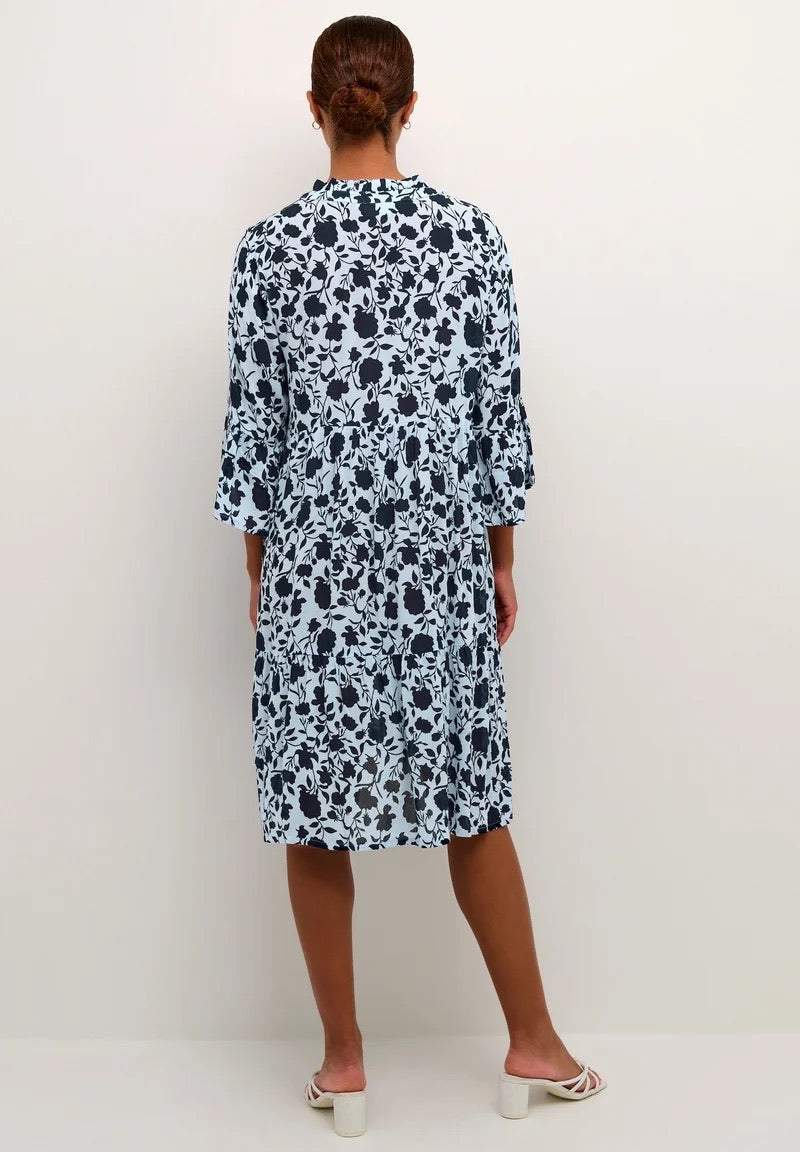 Kaffe KAisolde Ice Blue Navy Floral Print Midi Dress – Ruffle Collar 3/4 Bell Sleeves Tiered Hem | Women