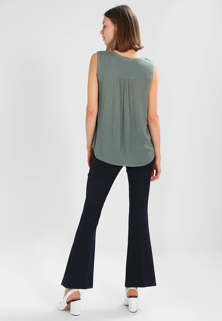 Kaffe Amber Top Dusty Jade Crinkle V-Neck Sleeveless Blouse – Pintuck Back Relaxed Fit | Women