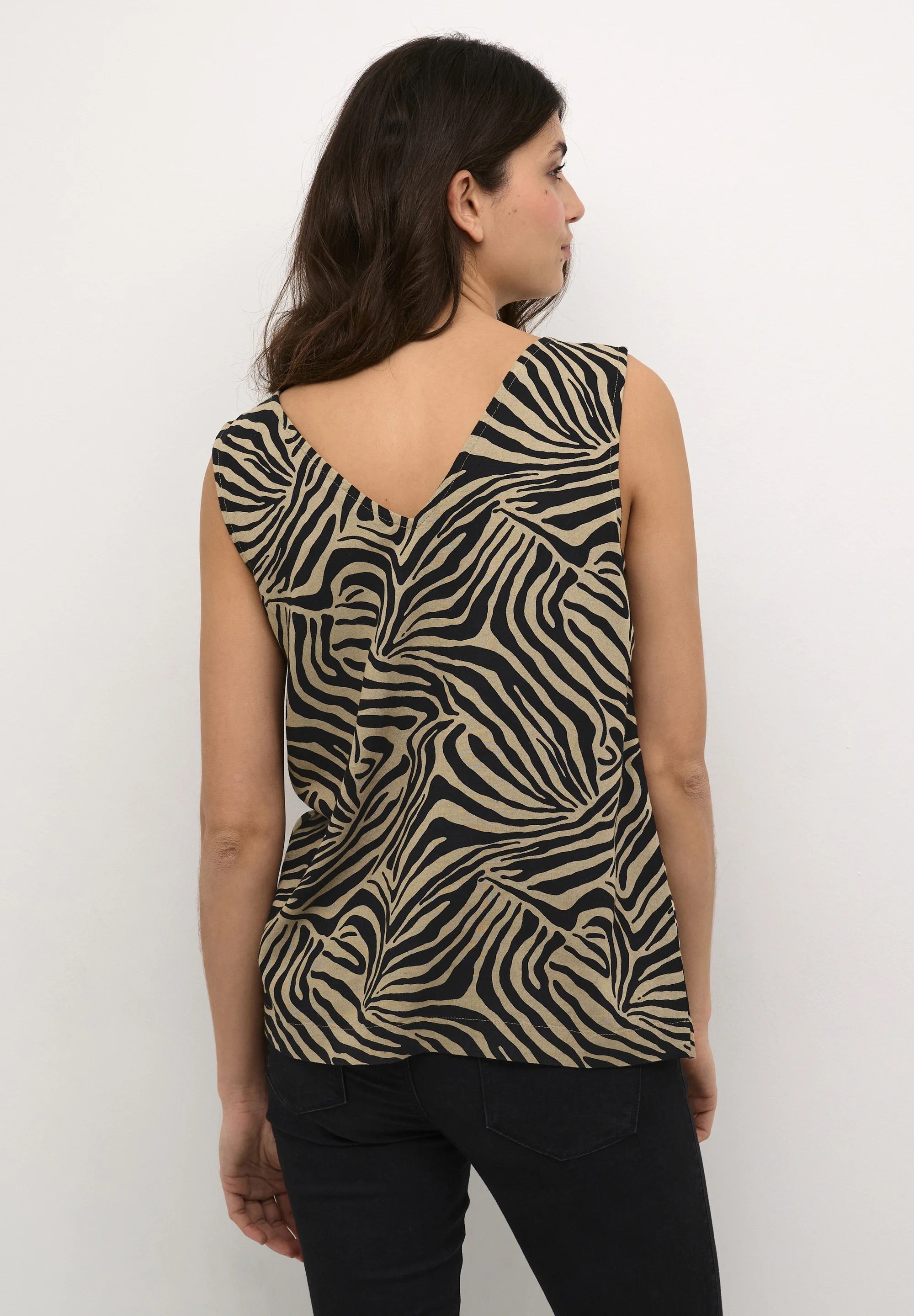 Kaffe KAmilia Sand Black Zebra Animal Print V-Neck Sleeveless Top – Double V-Neck Relaxed Fit | Women