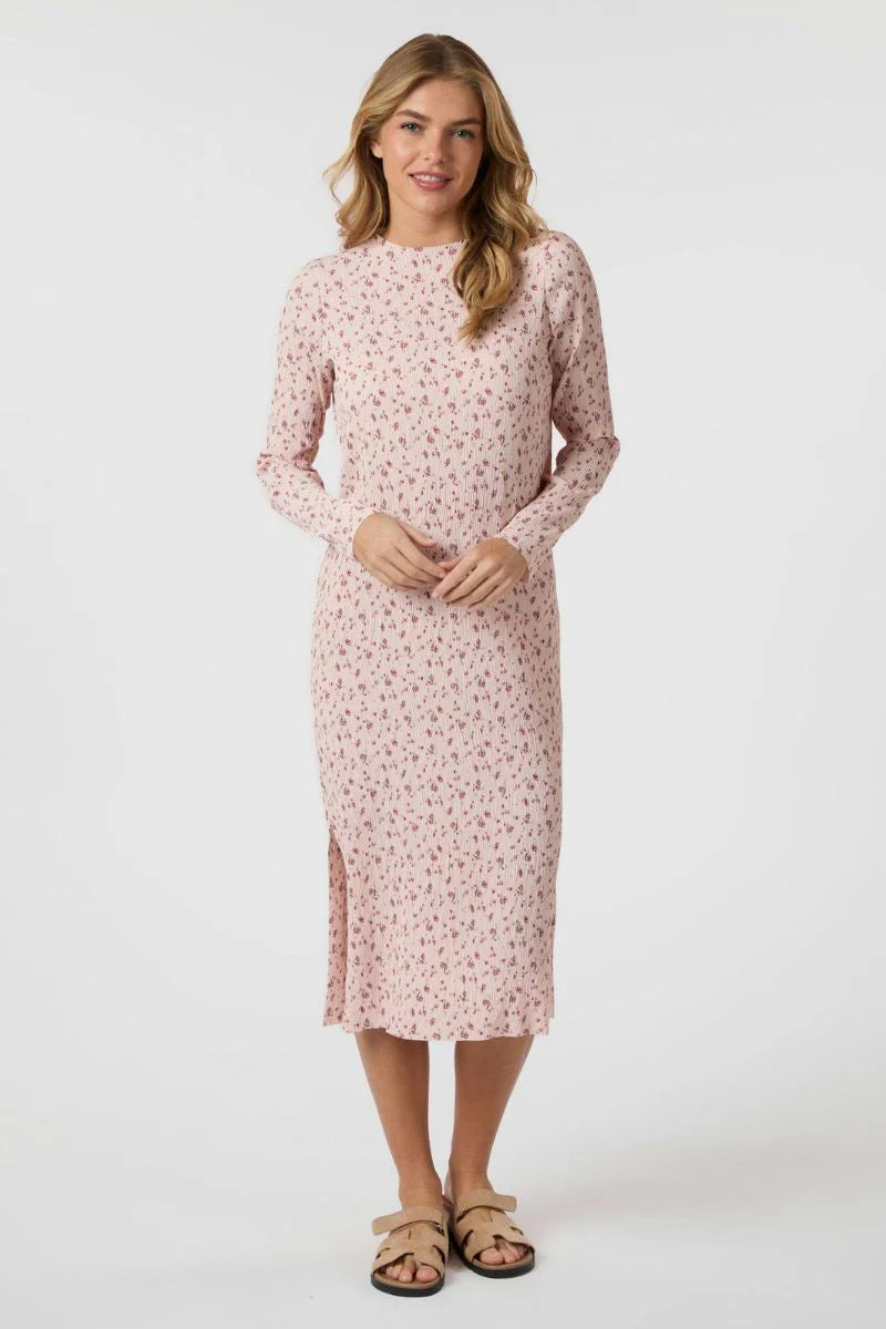 Neo Noir Vogue Flora Blush Pink Floral Crinkle Midi Dress – Side Slit Long Sleeve | Women