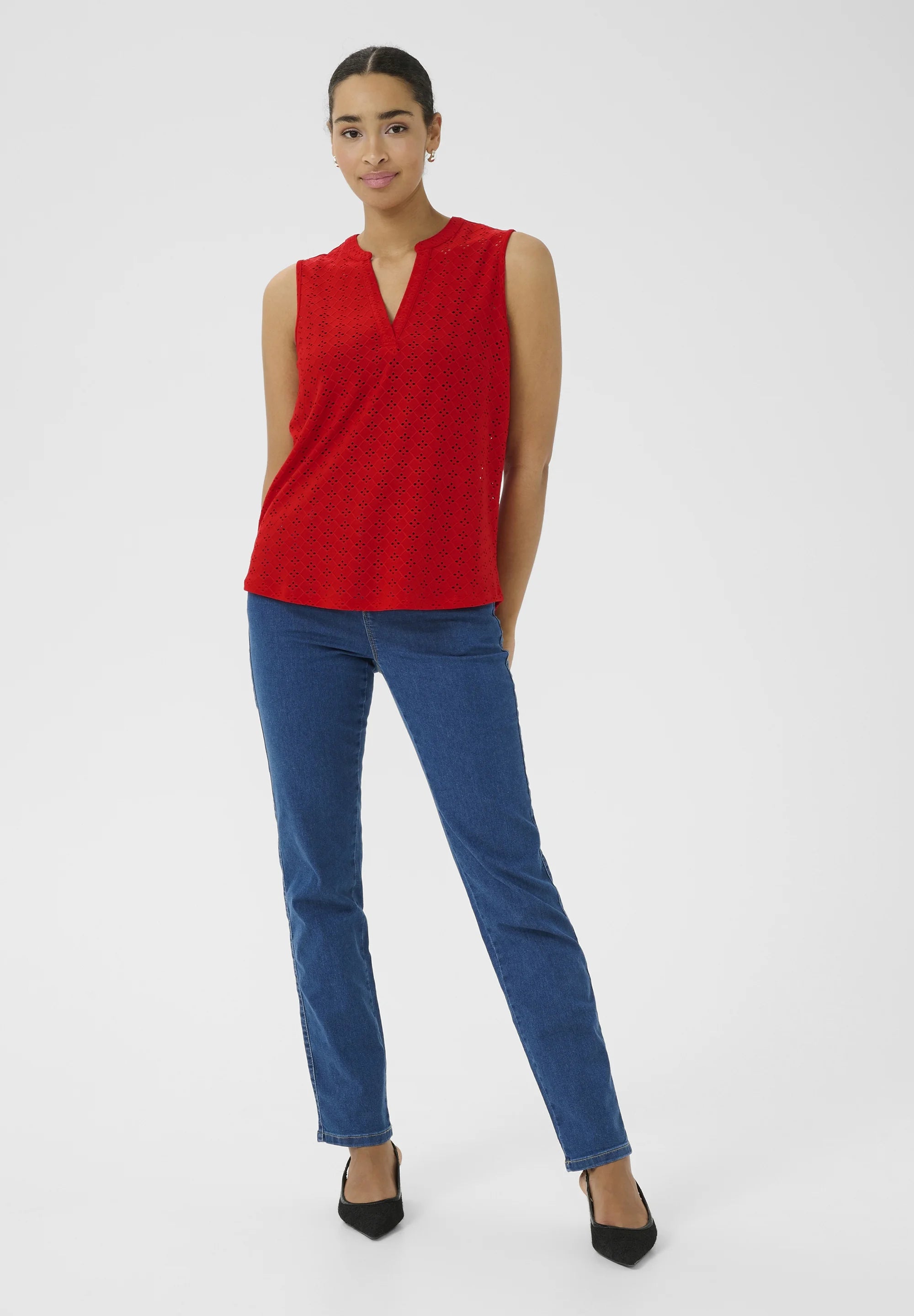 Kaffe KACARRIE Lollipop Red Broderie Anglaise Sleeveless Top – Split V-Neck Relaxed Fit | Women