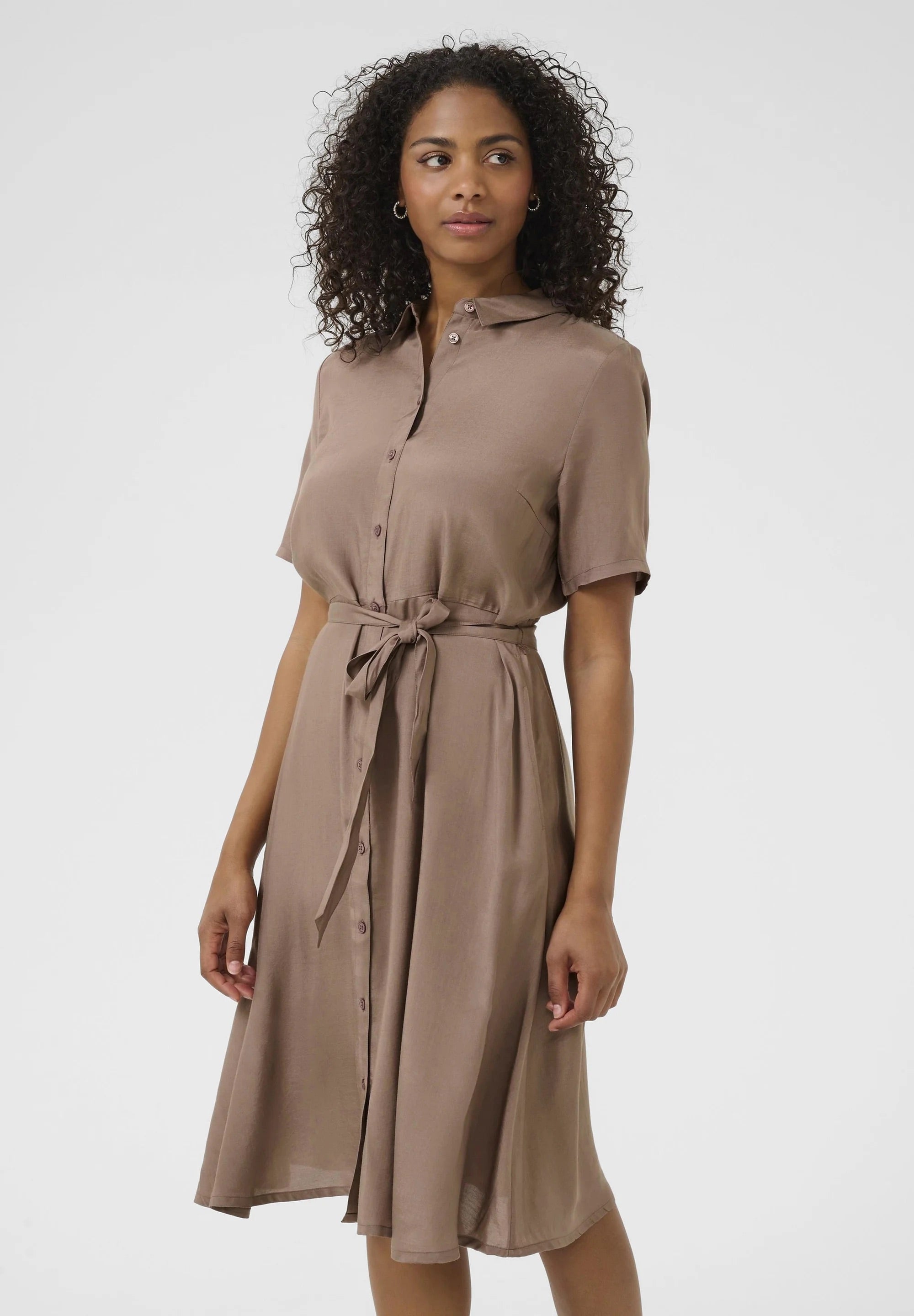 Kaffe KAemine Mocha Brown Satin Shirt Dress – Collar Neck Button Front Tie Waist Midi | Women