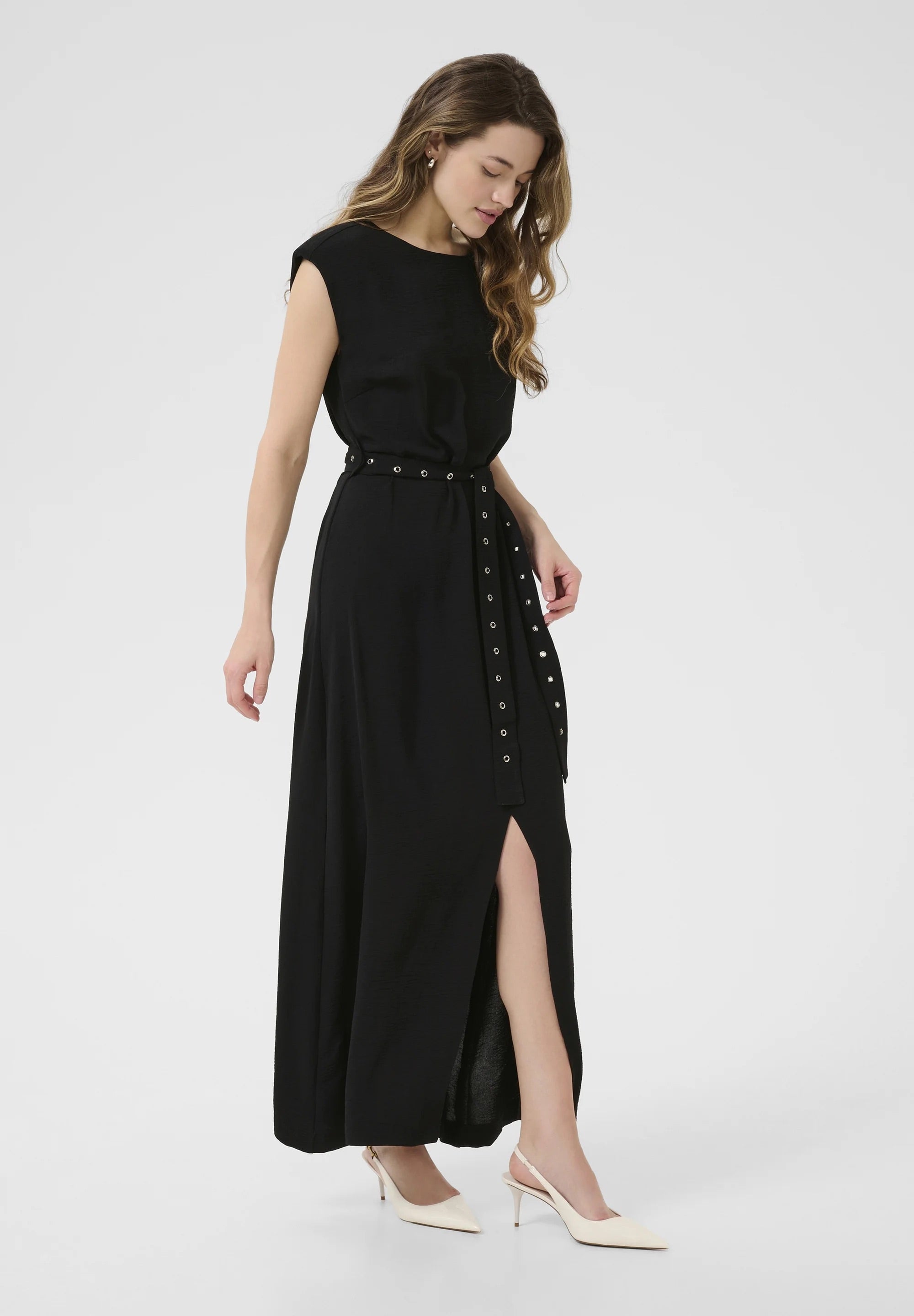 Kaffe KAtessa Black Eyelet Belt Maxi Dress – Structured Shoulders Cap Sleeves Side Slit | Women