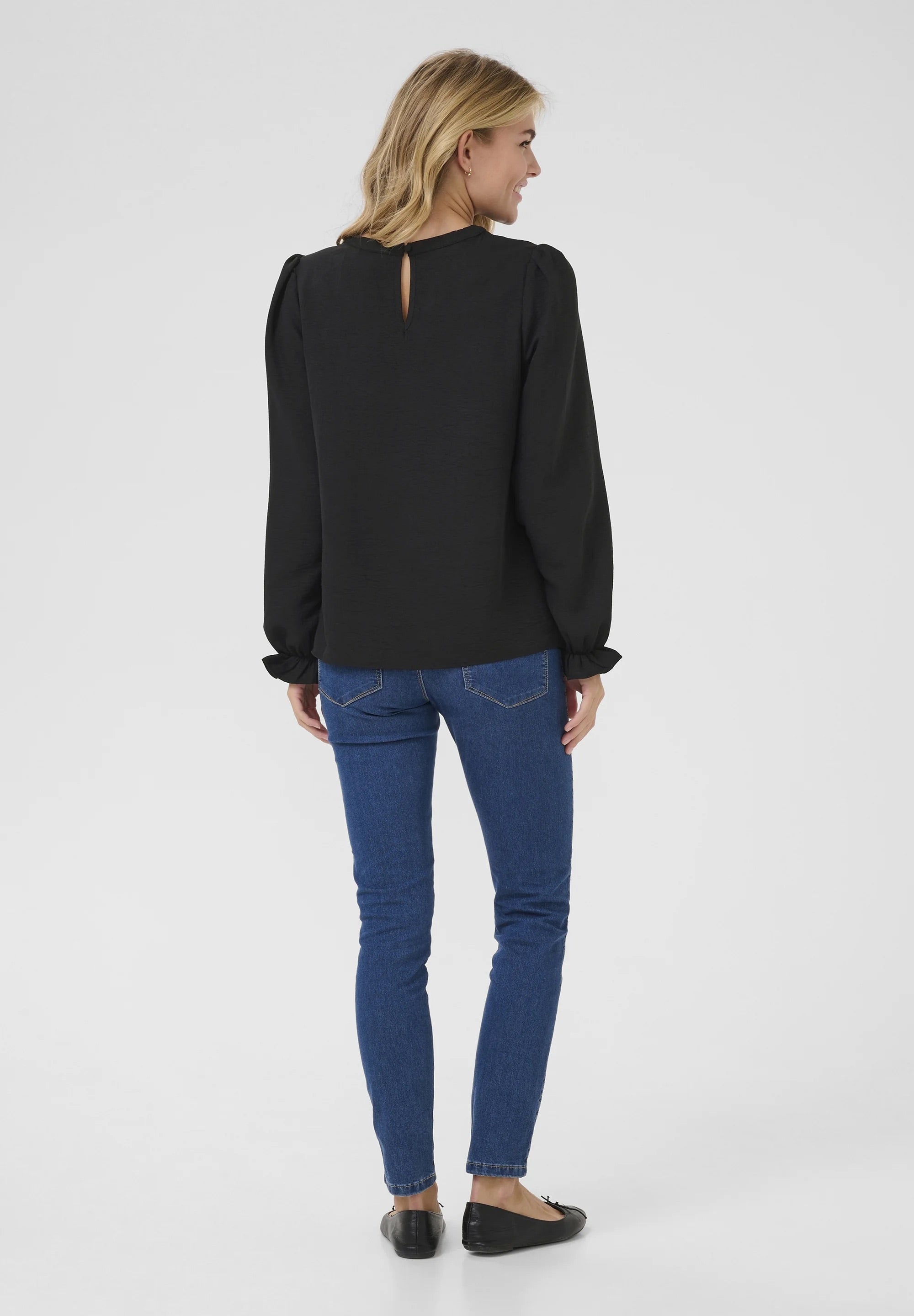 Kaffe KAnita Black Round Neck Puff Shoulder Blouse – Long Balloon Sleeves Ruffle Cuffs Keyhole Back | Women
