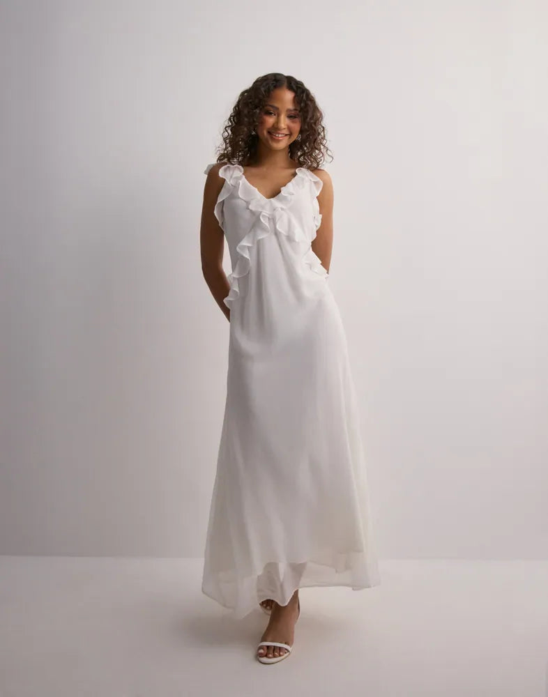Neo Noir Dara White Chiffon Ruffle V-Neck Maxi Dress – Sleeveless | Women