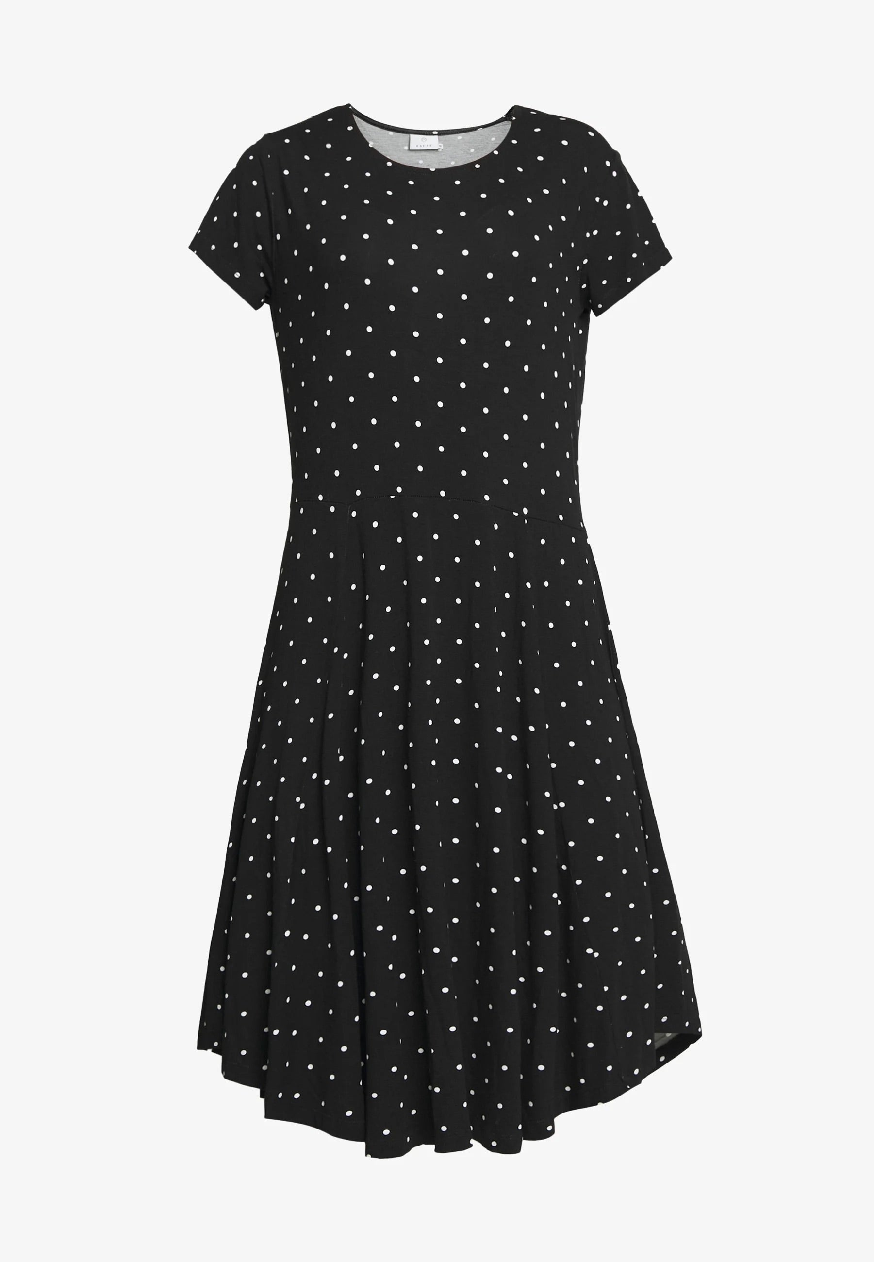 Kaffe Black White Polka Dot Jersey Dress – Round Neck Short Sleeves Tiered Skirt Midi | Women