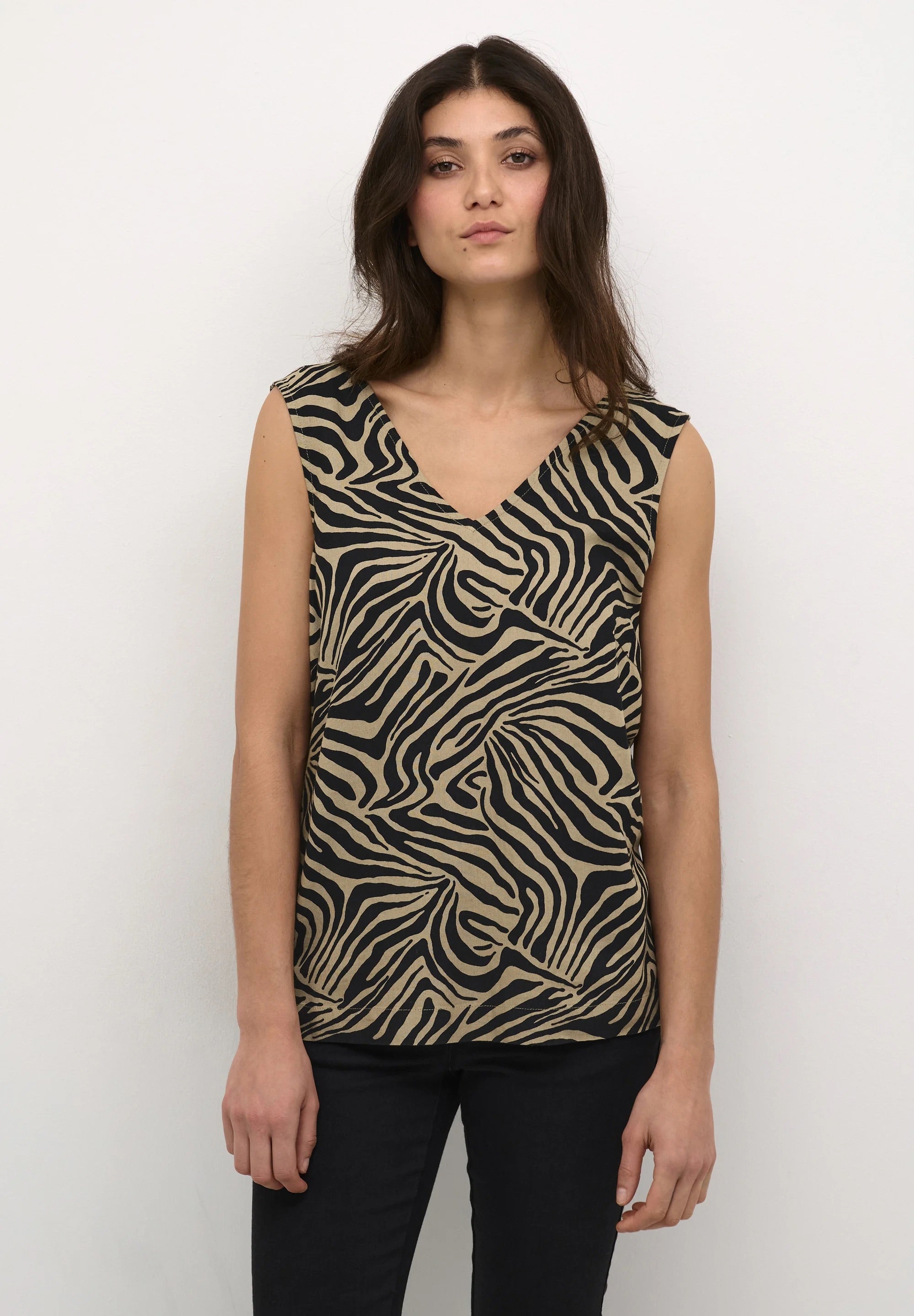 Kaffe KAmilia Sand Black Zebra Animal Print V-Neck Sleeveless Top – Double V-Neck Relaxed Fit | Women