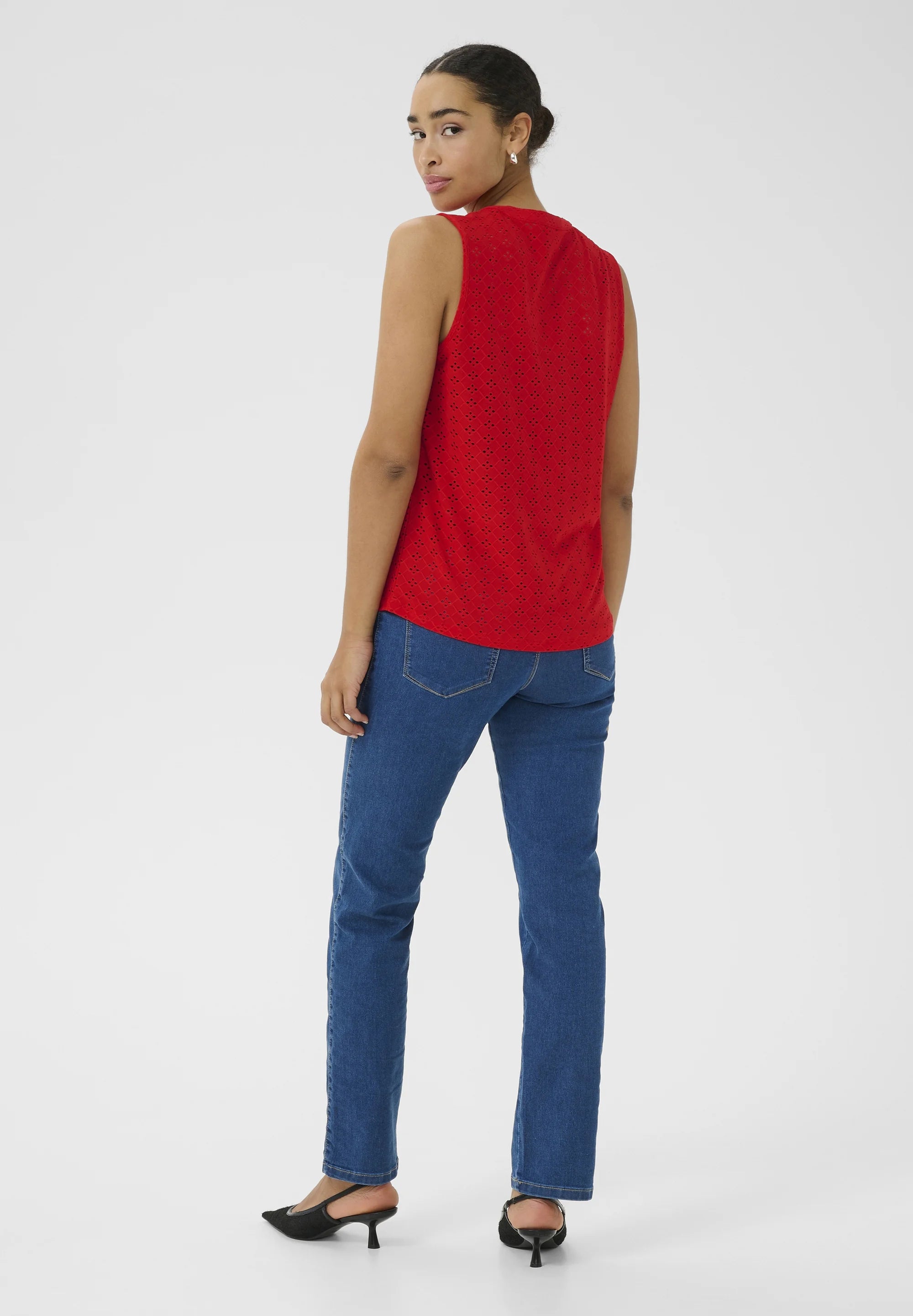 Kaffe KACARRIE Lollipop Red Broderie Anglaise Sleeveless Top – Split V-Neck Relaxed Fit | Women
