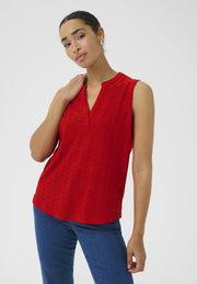 Kaffe KACARRIE Lollipop Red Broderie Anglaise Sleeveless Top – Split V-Neck Relaxed Fit | Women