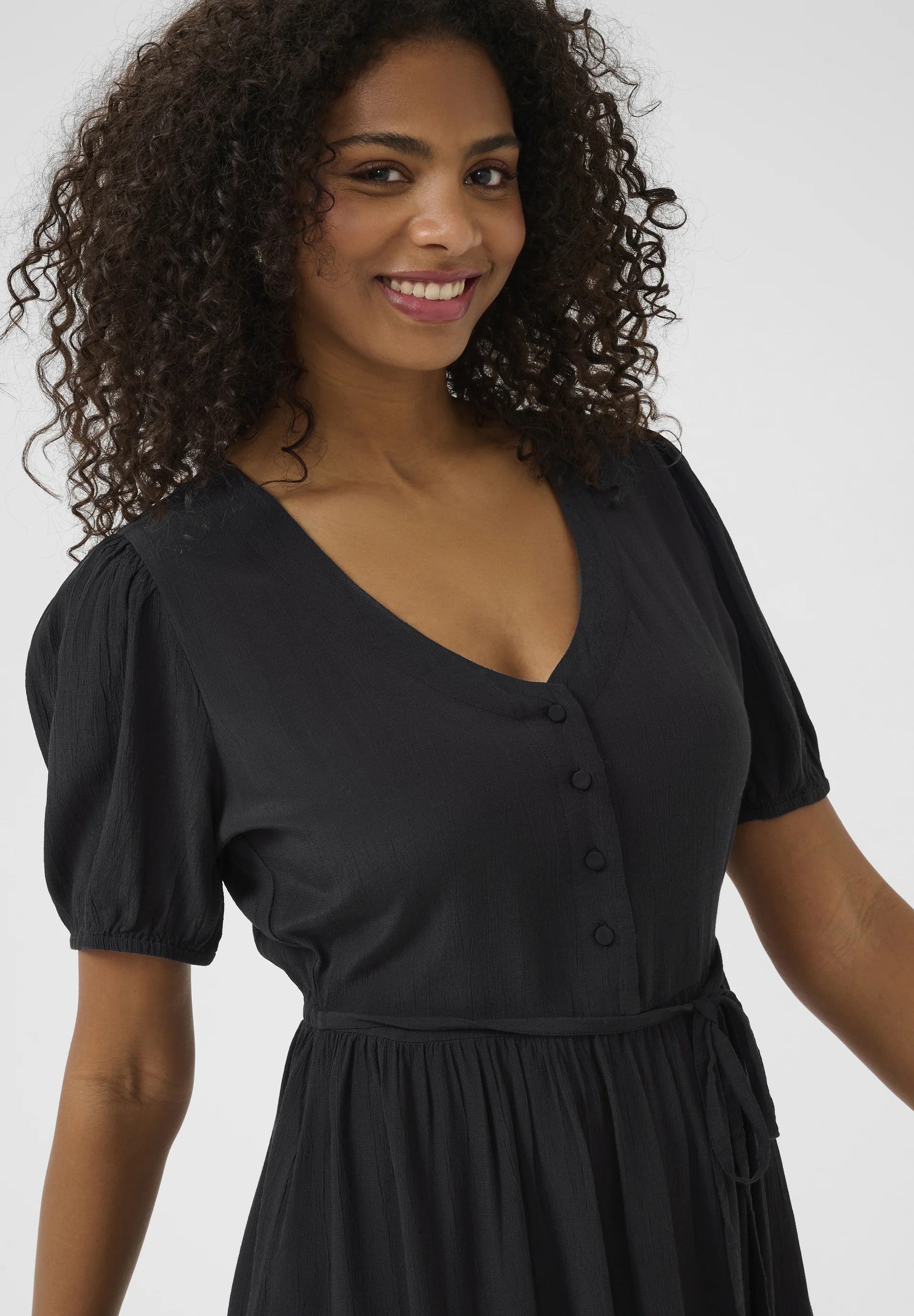 Kaffe KAliana Black Deep Shirt Dress – V-Neck Puff Sleeves Tie Waist Pockets Mini | Women