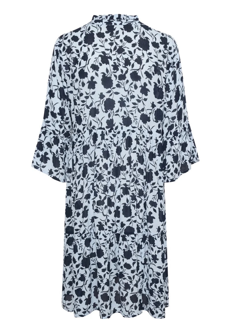 Kaffe KAisolde Ice Blue Navy Floral Print Midi Dress – Ruffle Collar 3/4 Bell Sleeves Tiered Hem | Women