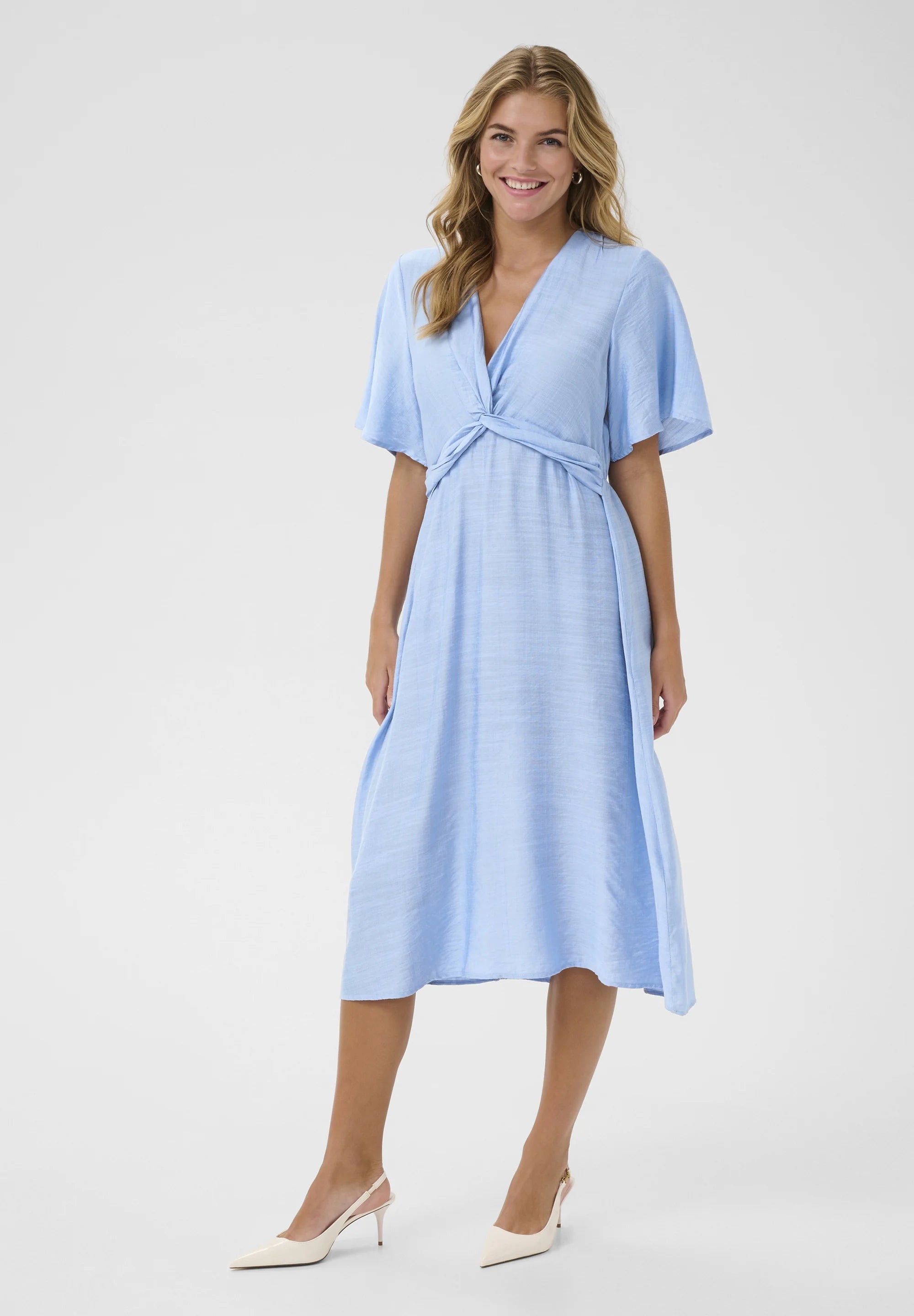 Kaffe KAjasmin Placid Blue Twist Front Midi Dress – V-Neck Flutter Sleeves Elasticated Back | Women