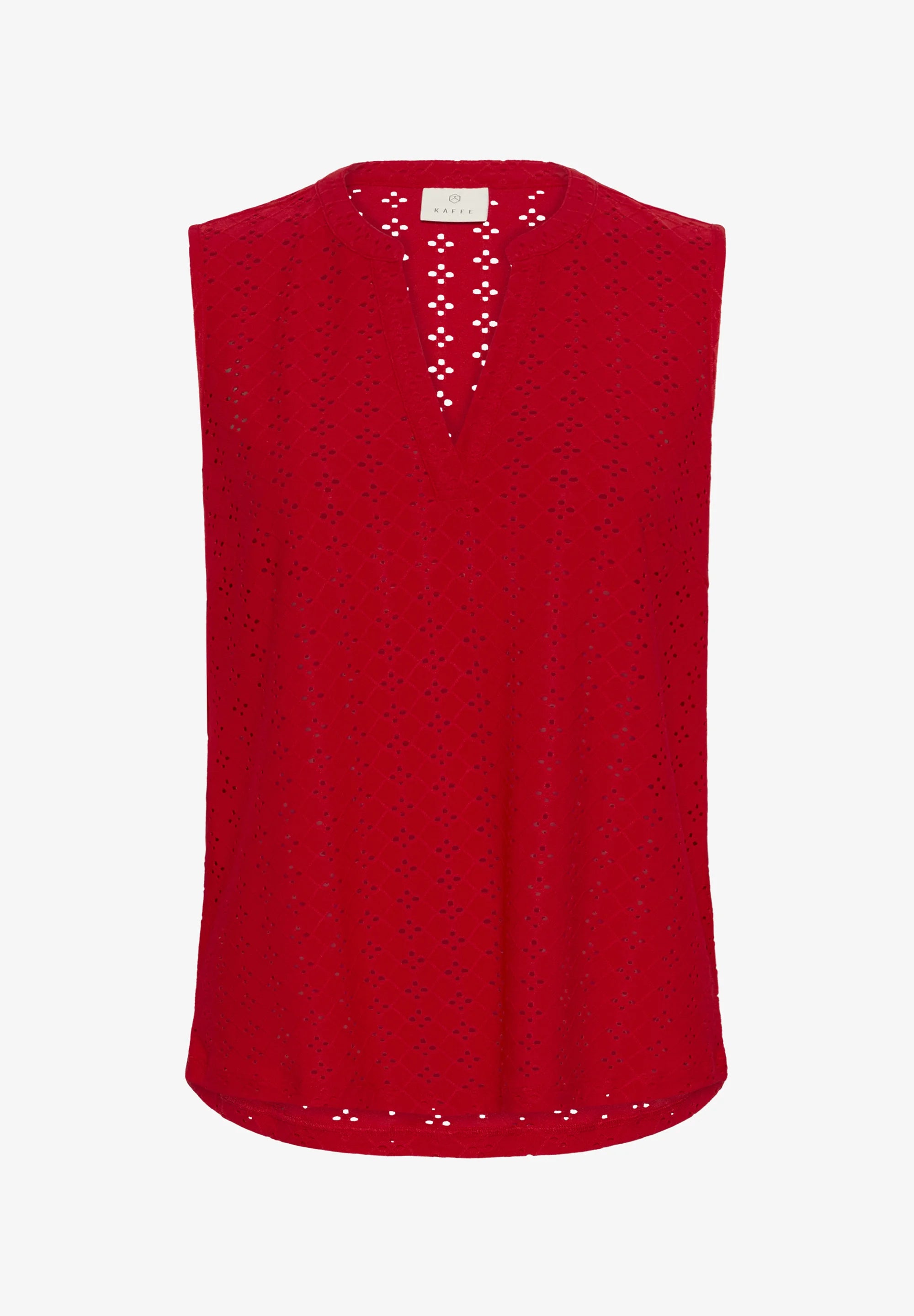 Kaffe KACARRIE Lollipop Red Broderie Anglaise Sleeveless Top – Split V-Neck Relaxed Fit | Women
