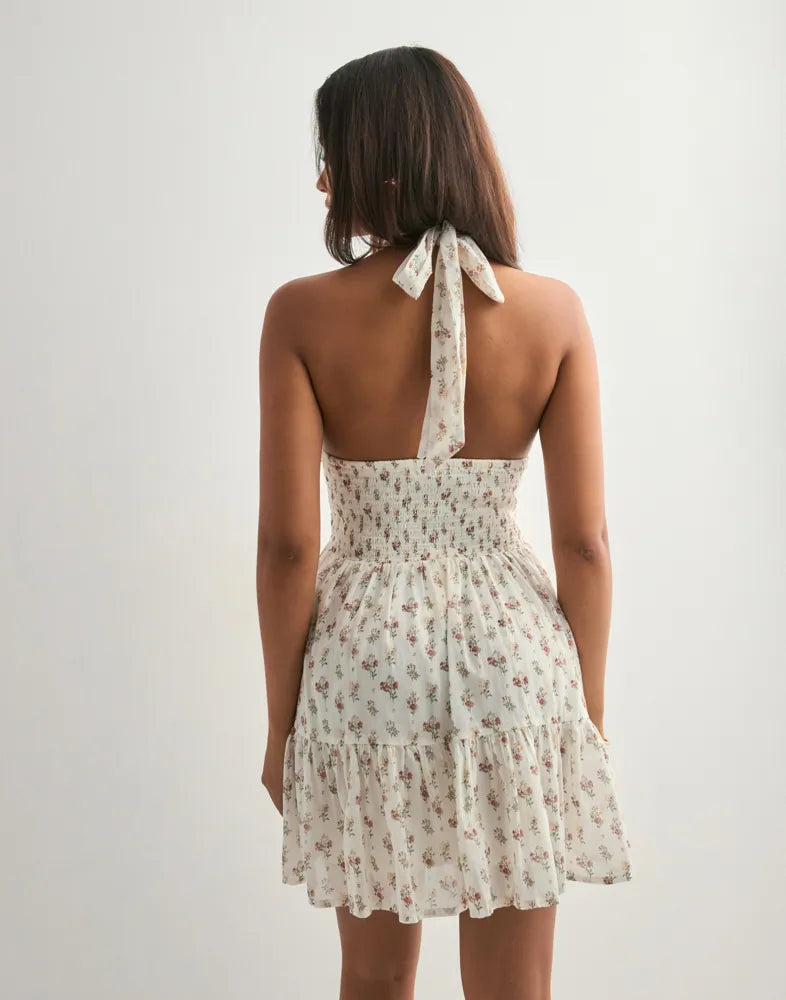 Neo Noir Magda Fine Print Cream Floral Halter Mini Dress – Smocked Waist Open Back | Women