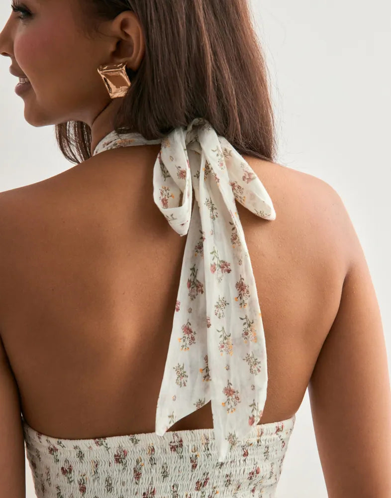 Neo Noir Magda Fine Print Cream Floral Halter Mini Dress – Smocked Waist Open Back | Women