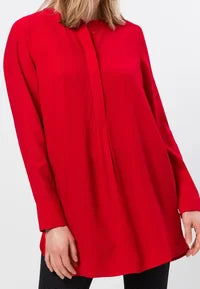Zero Red Longline Crepe Blouse – Collarless Long Sleeve | Women
