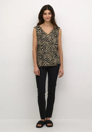 Kaffe KAmilia Sand Black Zebra Animal Print V-Neck Sleeveless Top – Double V-Neck Relaxed Fit | Women