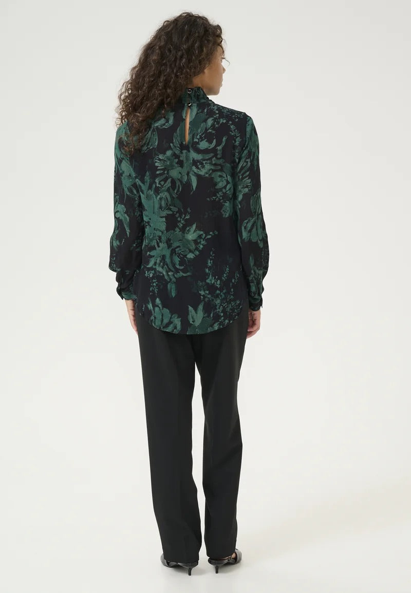 Kaffe KAamber Black Dark Green Baroque Floral Smocked High Neck Blouse – Long Puff Sleeves Button Cuffs | Women