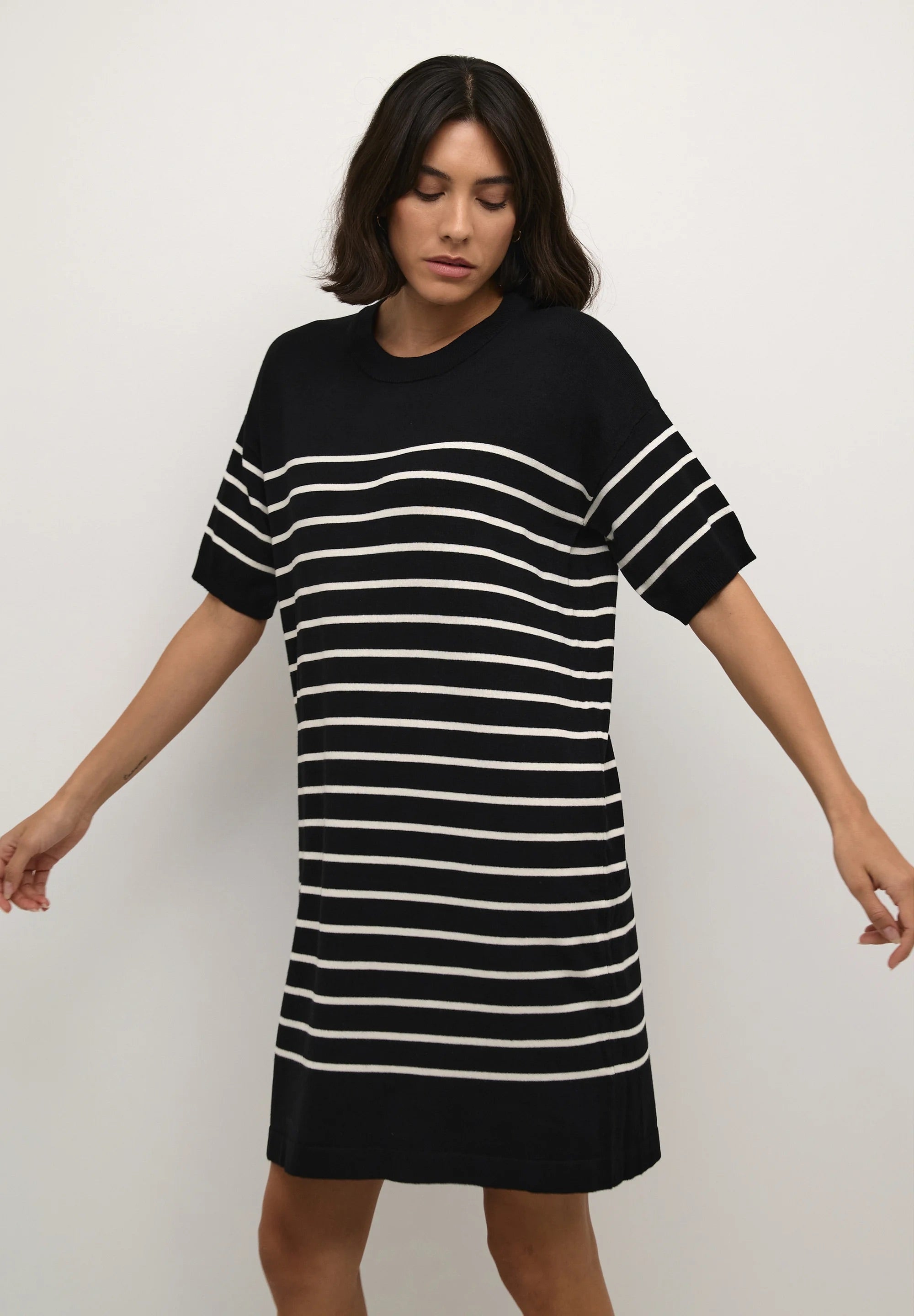 Kaffe Kalizza Black & White Stripe Knit Mini Dress – Short Sleeve | Women
