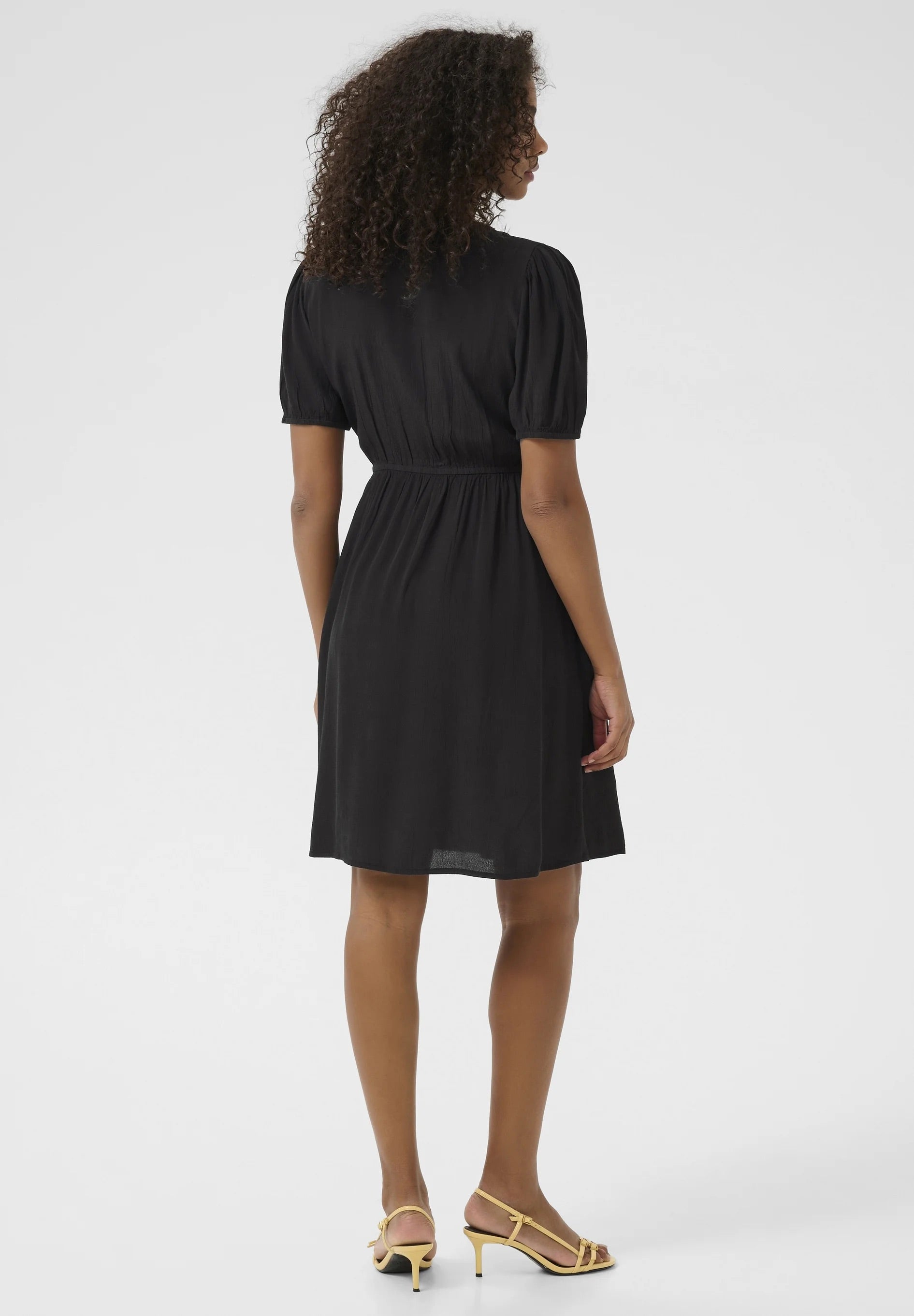 Kaffe KAliana Black Deep Shirt Dress – V-Neck Puff Sleeves Tie Waist Pockets Mini | Women