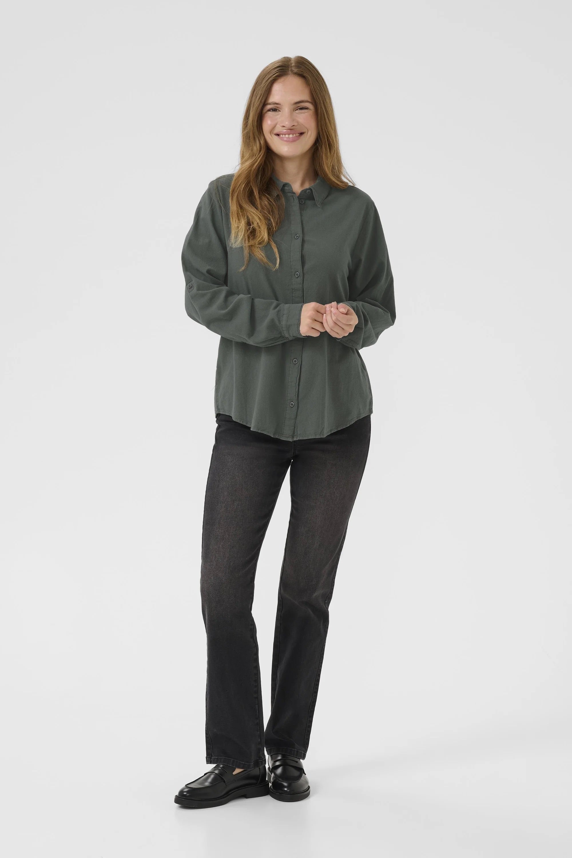 Kaffe KAnaya Short Balsam Green Button-Through Shirt Blouse – Classic Collar Roll-Up 3/4 Sleeves | Women