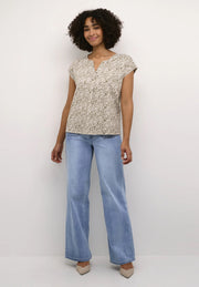 Kaffe KAmille Cream Sage Green Floral Print V-Neck T-Shirt – Cap Sleeves Relaxed Fit | Women