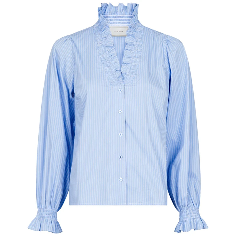 Neo Noir Brielle Stripe Light Blue Shirt – Ruffle Collar Smocked Cuffs | Women