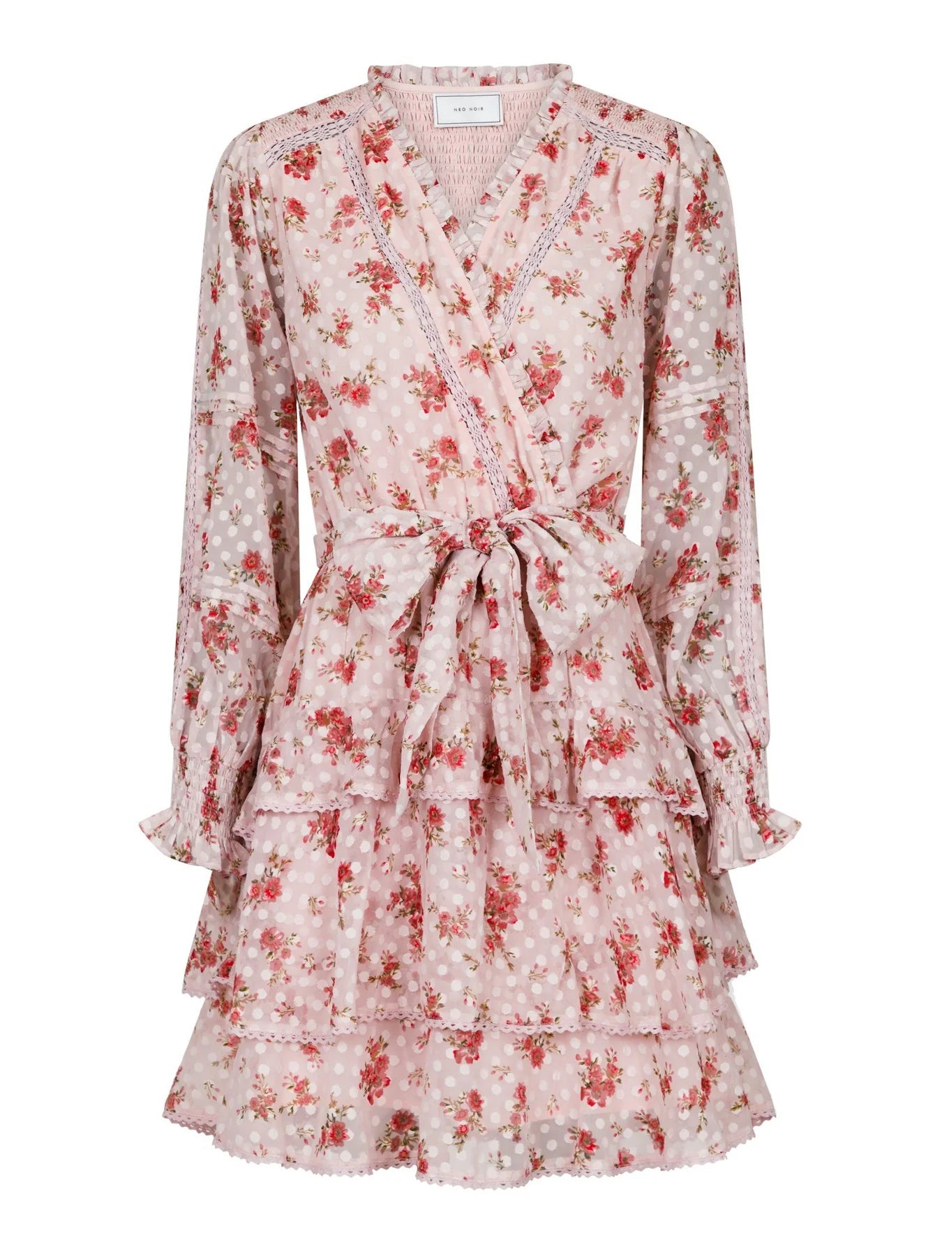 Neo Noir Ada Dreamy Rose Pink Floral Chiffon Mini Dress – Lace Trim Tiered Skirt | Women