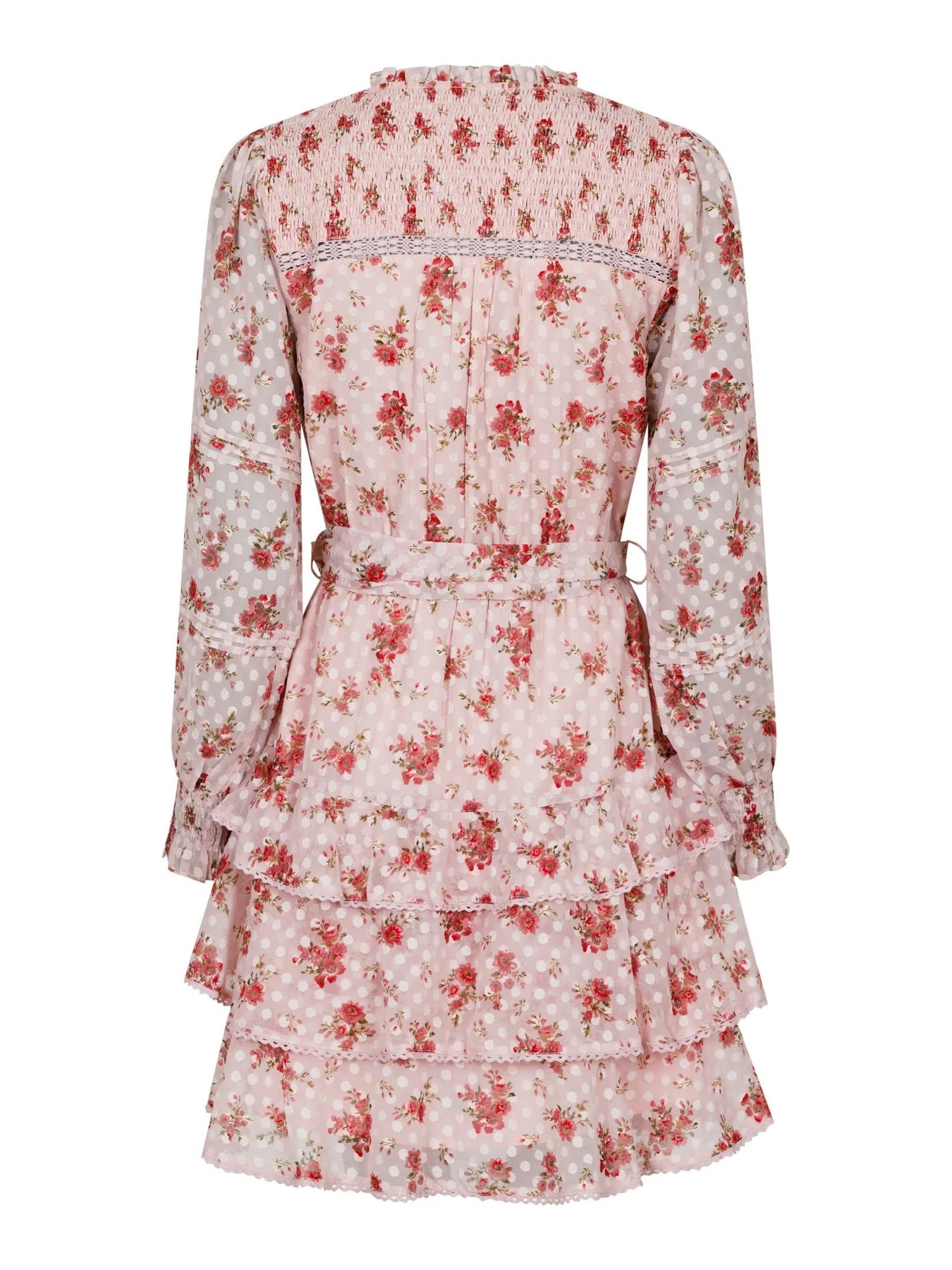 Neo Noir Ada Dreamy Rose Pink Floral Chiffon Mini Dress – Lace Trim Tiered Skirt | Women