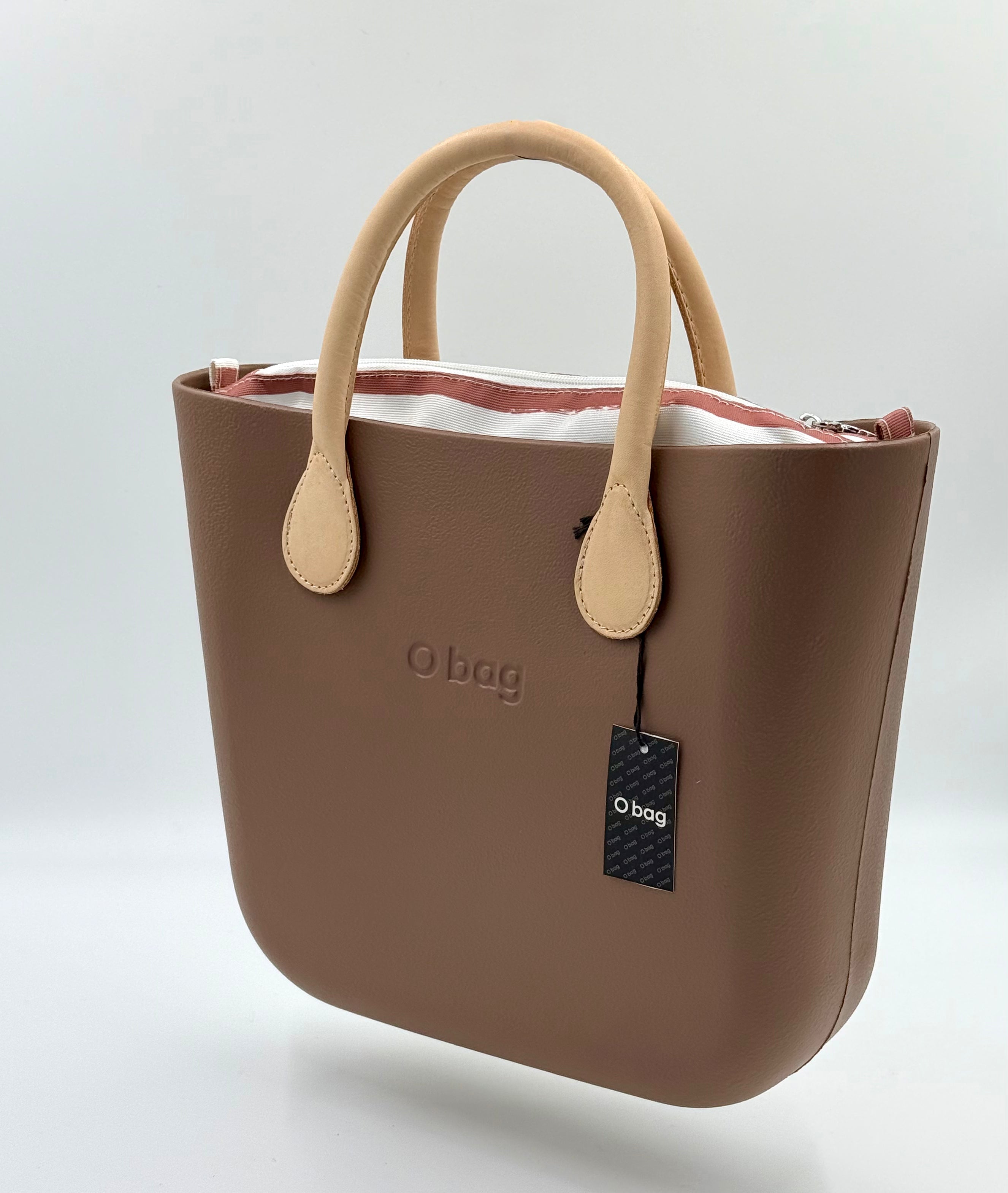 O bag Mini – taupe (greige) handbag with cream handles, striped zippered lining