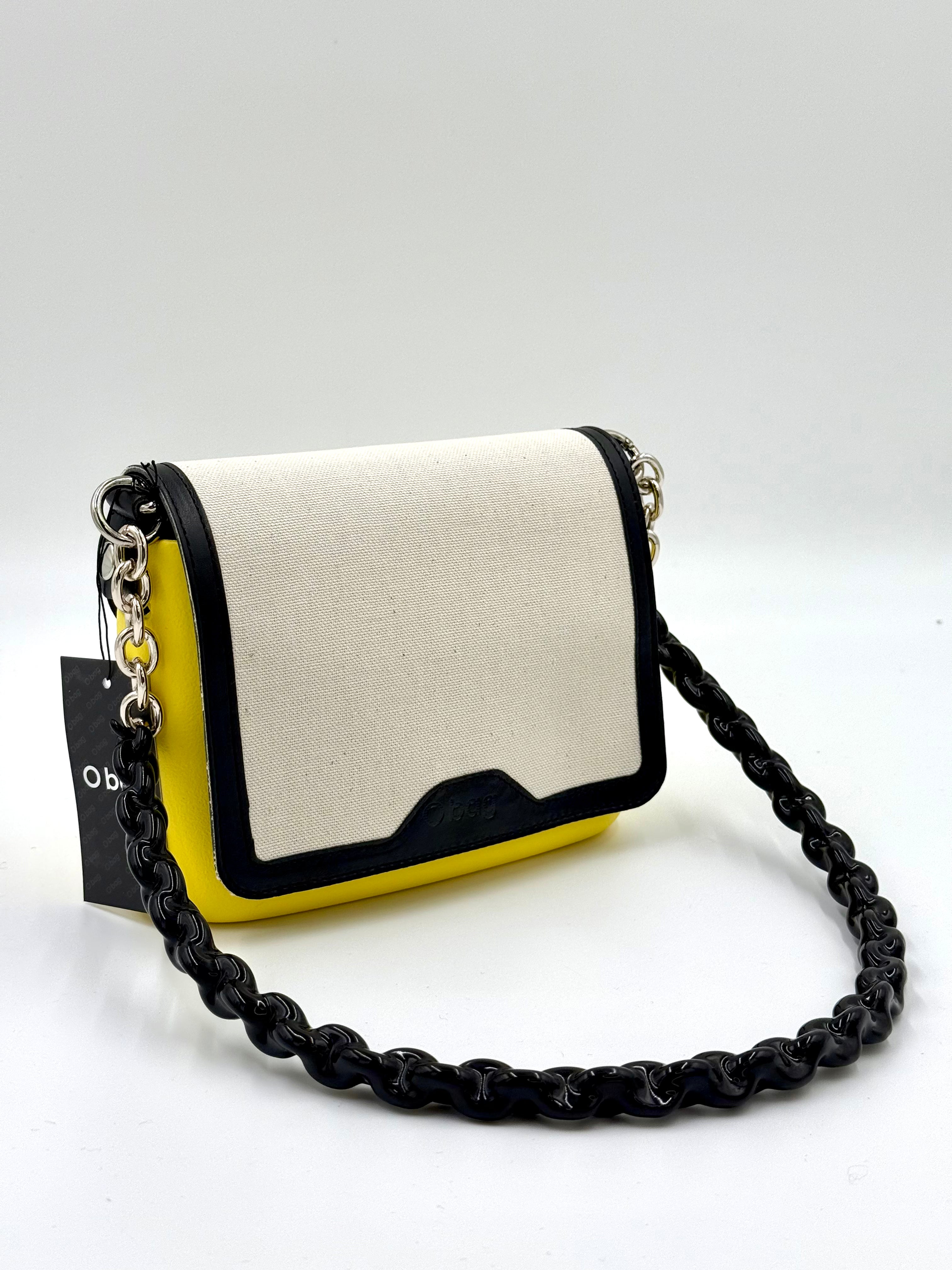 O bag Pocket mini bag – lemon yellow body, white lid, black chain strap