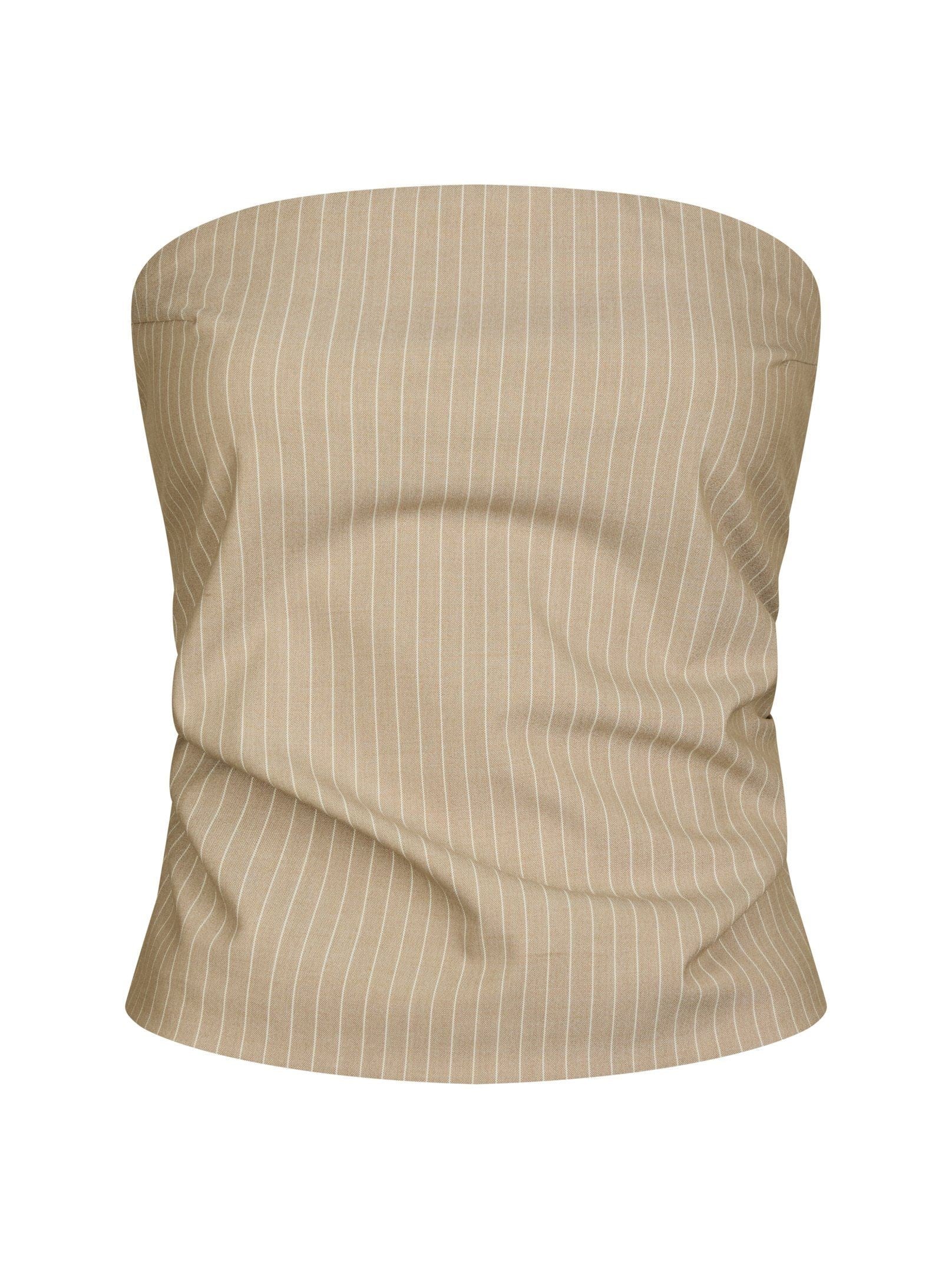 Neo Noir Beige Pinstripe Smocked Bandeau Tube Top – Strapless | Women