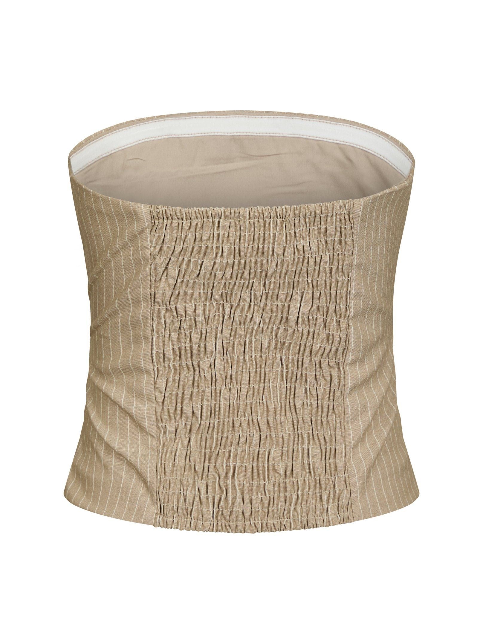 Neo Noir Beige Pinstripe Smocked Bandeau Tube Top – Strapless | Women