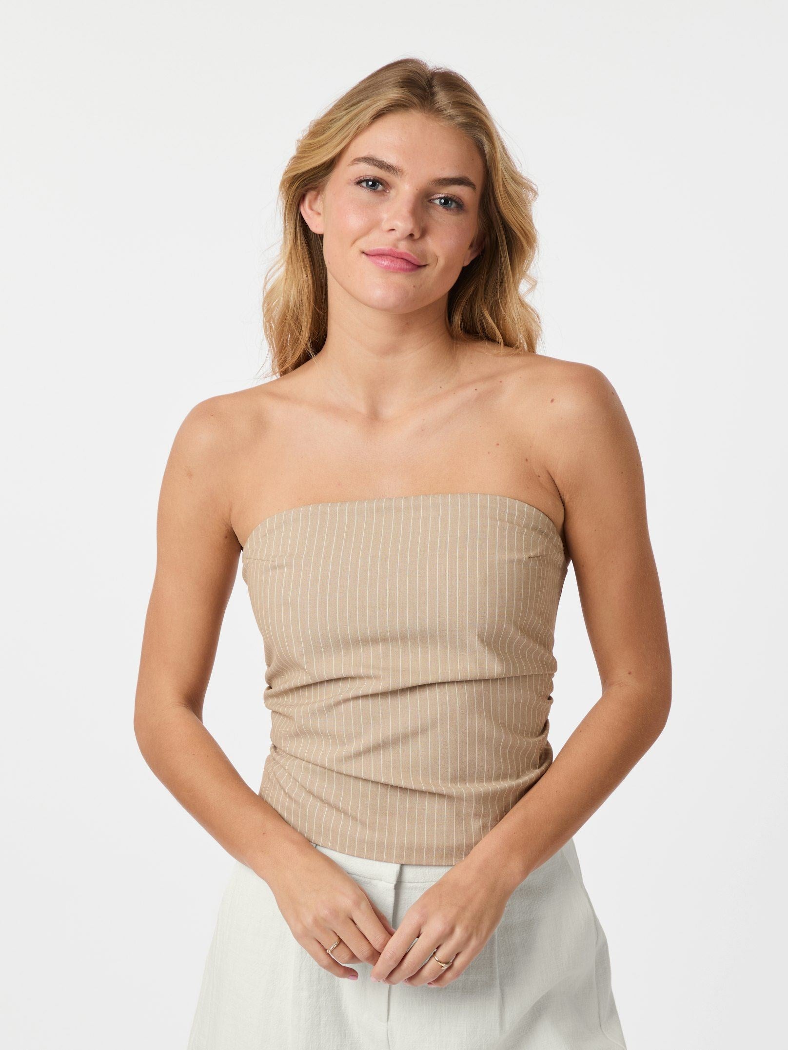 Neo Noir Beige Pinstripe Smocked Bandeau Tube Top – Strapless | Women