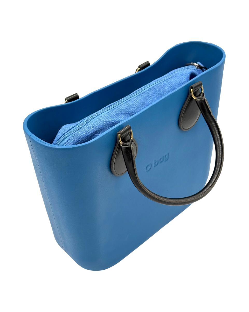 O bag Mini – Blue Tote Bag with Black Leather Handles