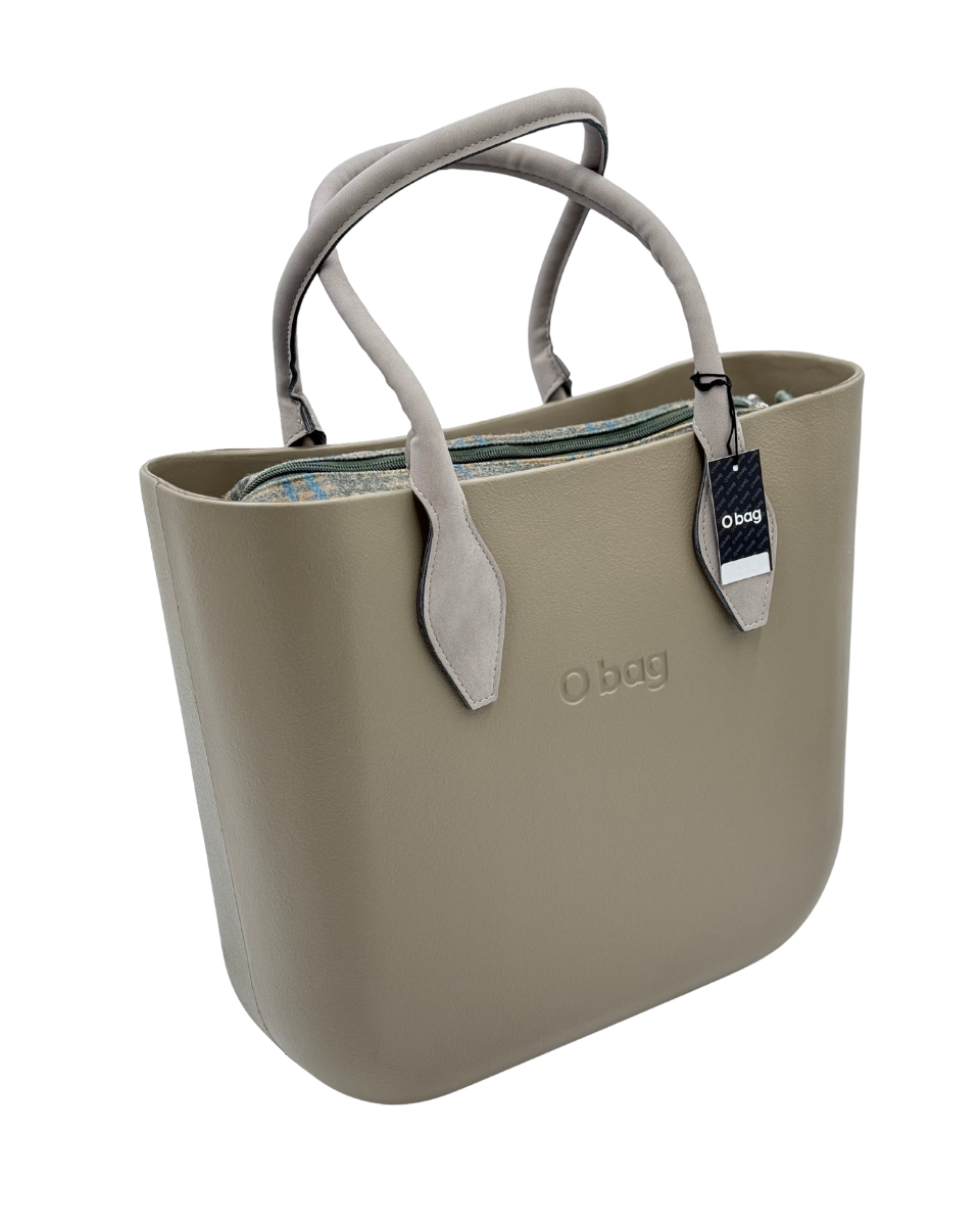 O bag – Taupe Tote Bag with Matching Handles & Blue Tweed Interior