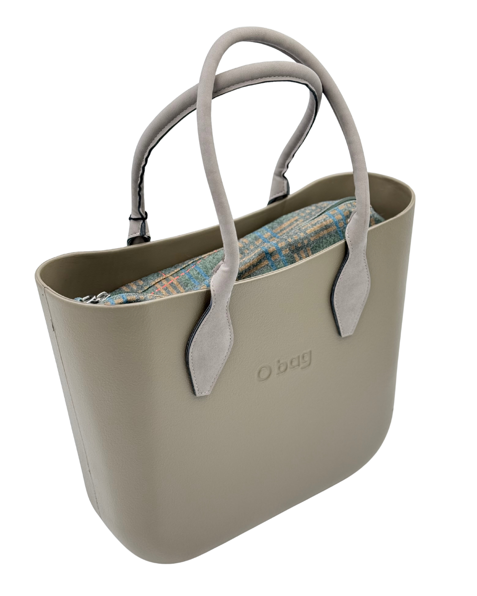O bag – Taupe Tote Bag with Matching Handles & Blue Tweed Interior