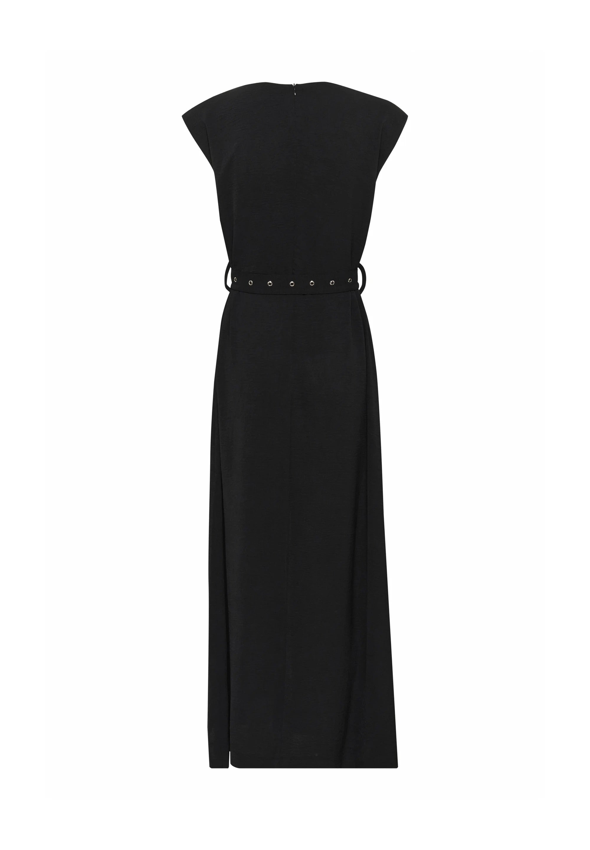 Kaffe KAtessa Black Eyelet Belt Maxi Dress – Structured Shoulders Cap Sleeves Side Slit | Women
