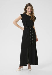 Kaffe KAtessa Black Eyelet Belt Maxi Dress – Structured Shoulders Cap Sleeves Side Slit | Women