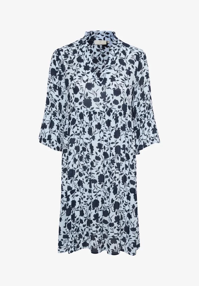 Kaffe KAisolde Ice Blue Navy Floral Print Midi Dress – Ruffle Collar 3/4 Bell Sleeves Tiered Hem | Women
