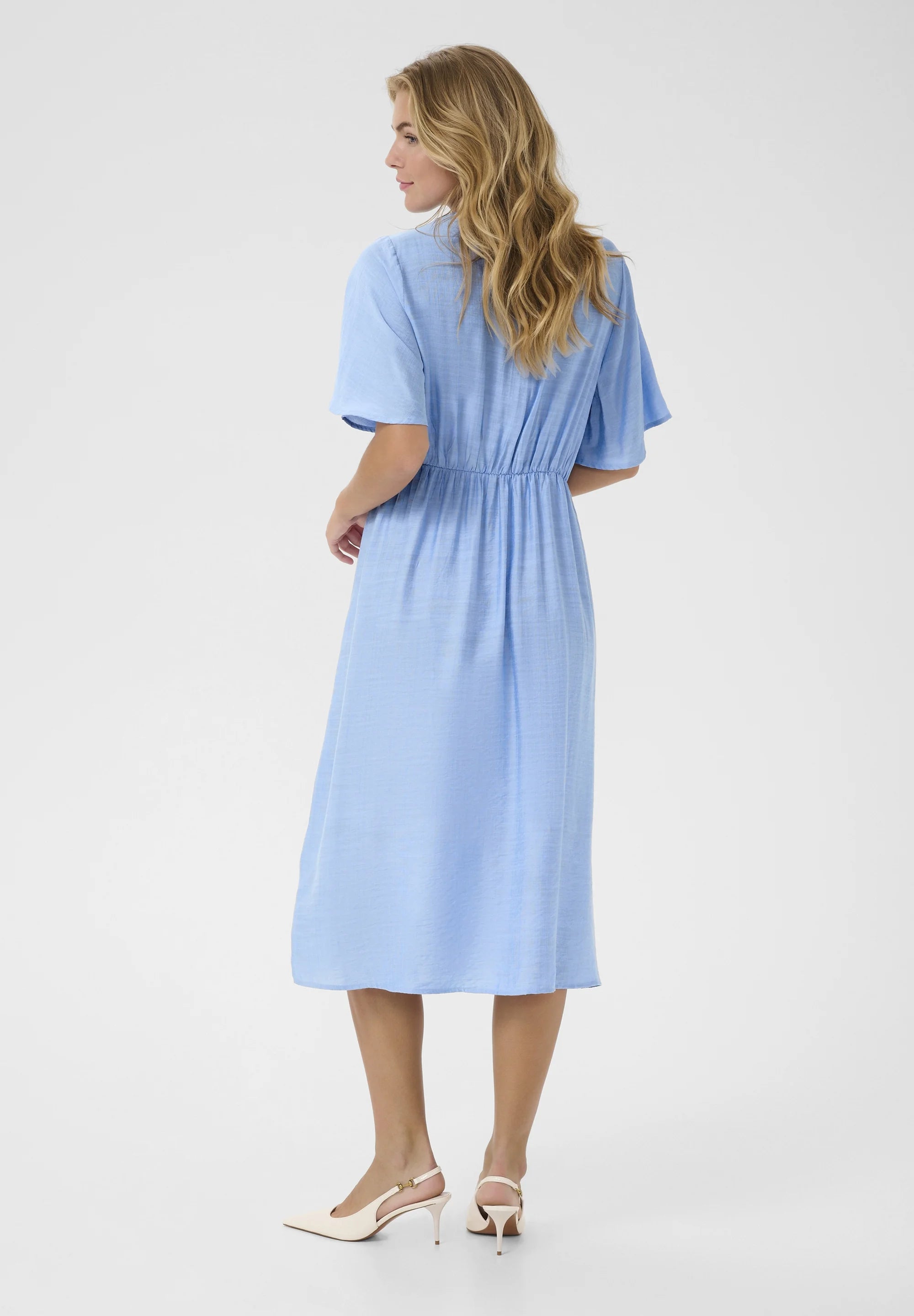 Kaffe KAjasmin Placid Blue Twist Front Midi Dress – V-Neck Flutter Sleeves Elasticated Back | Women