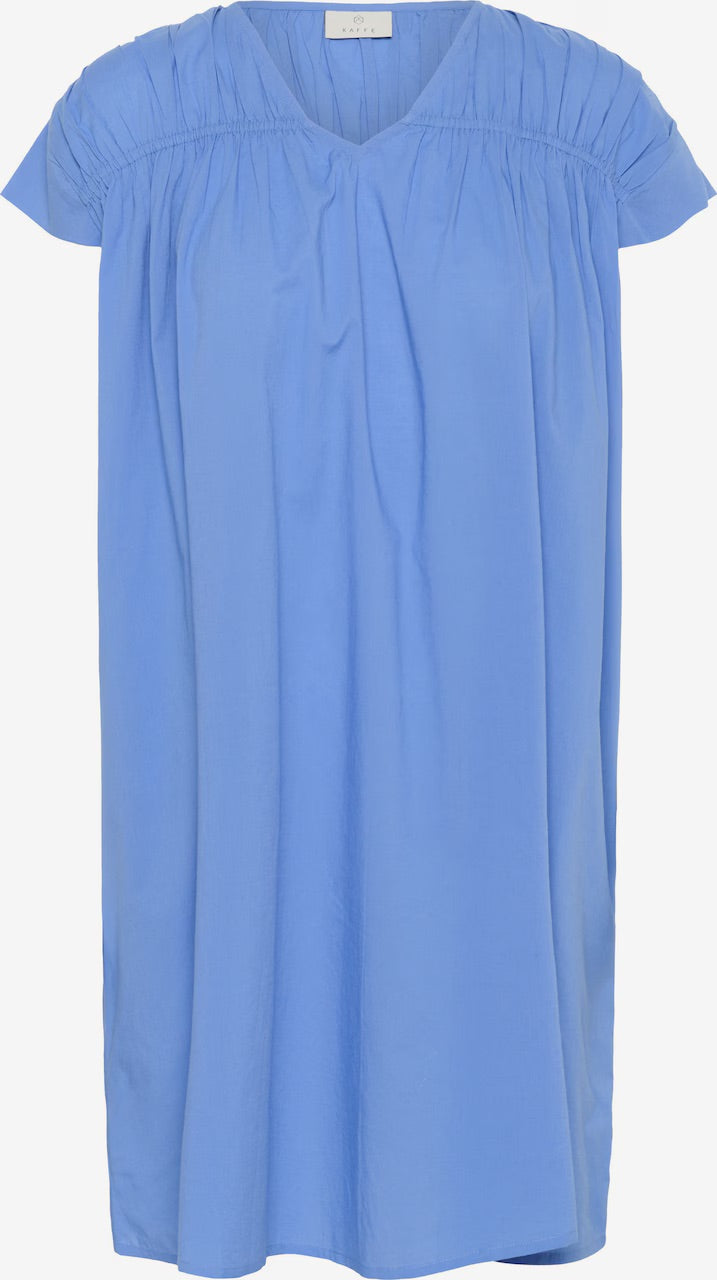 Kaffe KAThua Azure Blue Gathered V-Neck Mini Dress – Relaxed Fit Cap Sleeves Pockets | Women