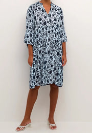 Kaffe KAisolde Ice Blue Navy Floral Print Midi Dress – Ruffle Collar 3/4 Bell Sleeves Tiered Hem | Women