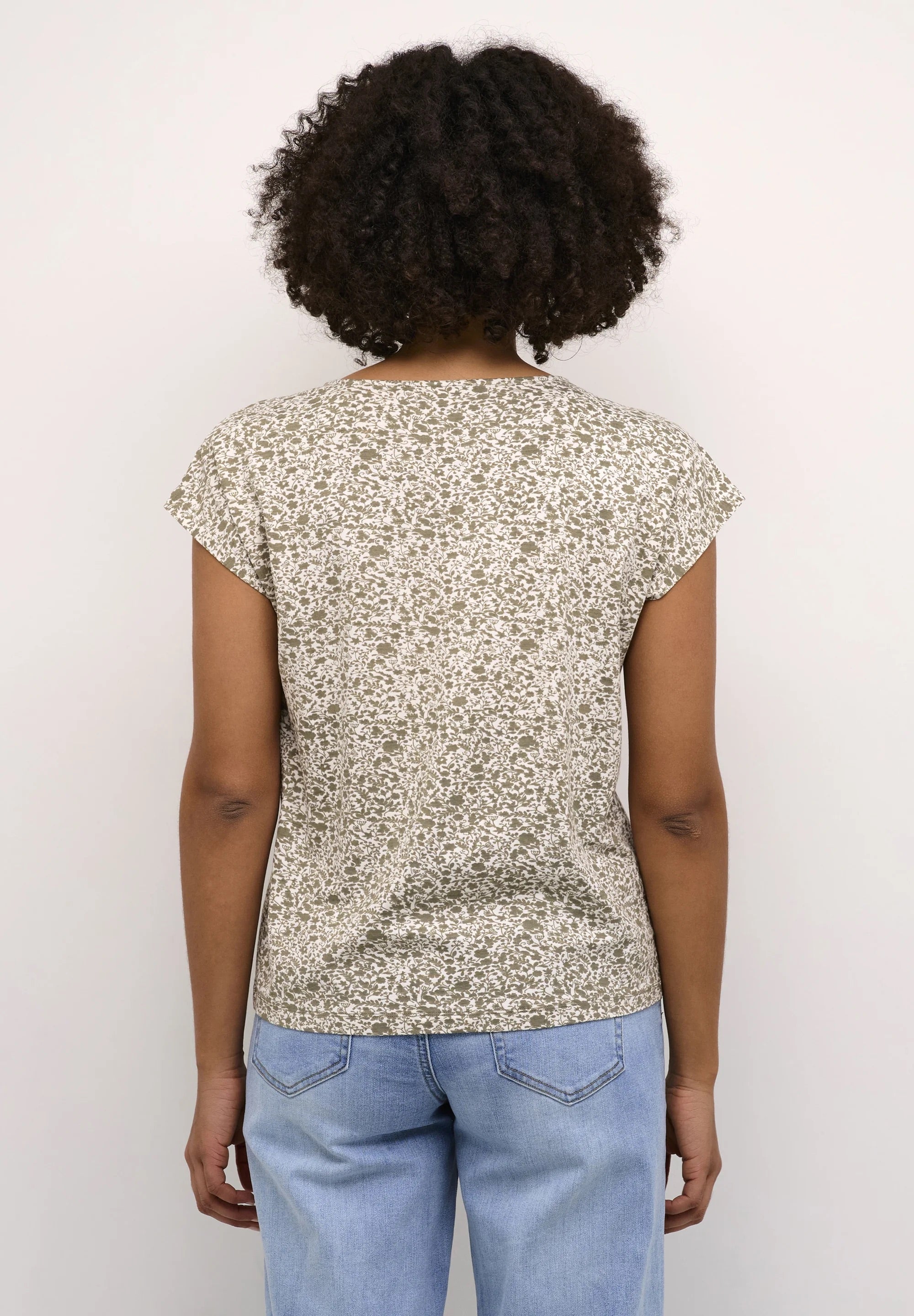 Kaffe KAmille Cream Sage Green Floral Print V-Neck T-Shirt – Cap Sleeves Relaxed Fit | Women