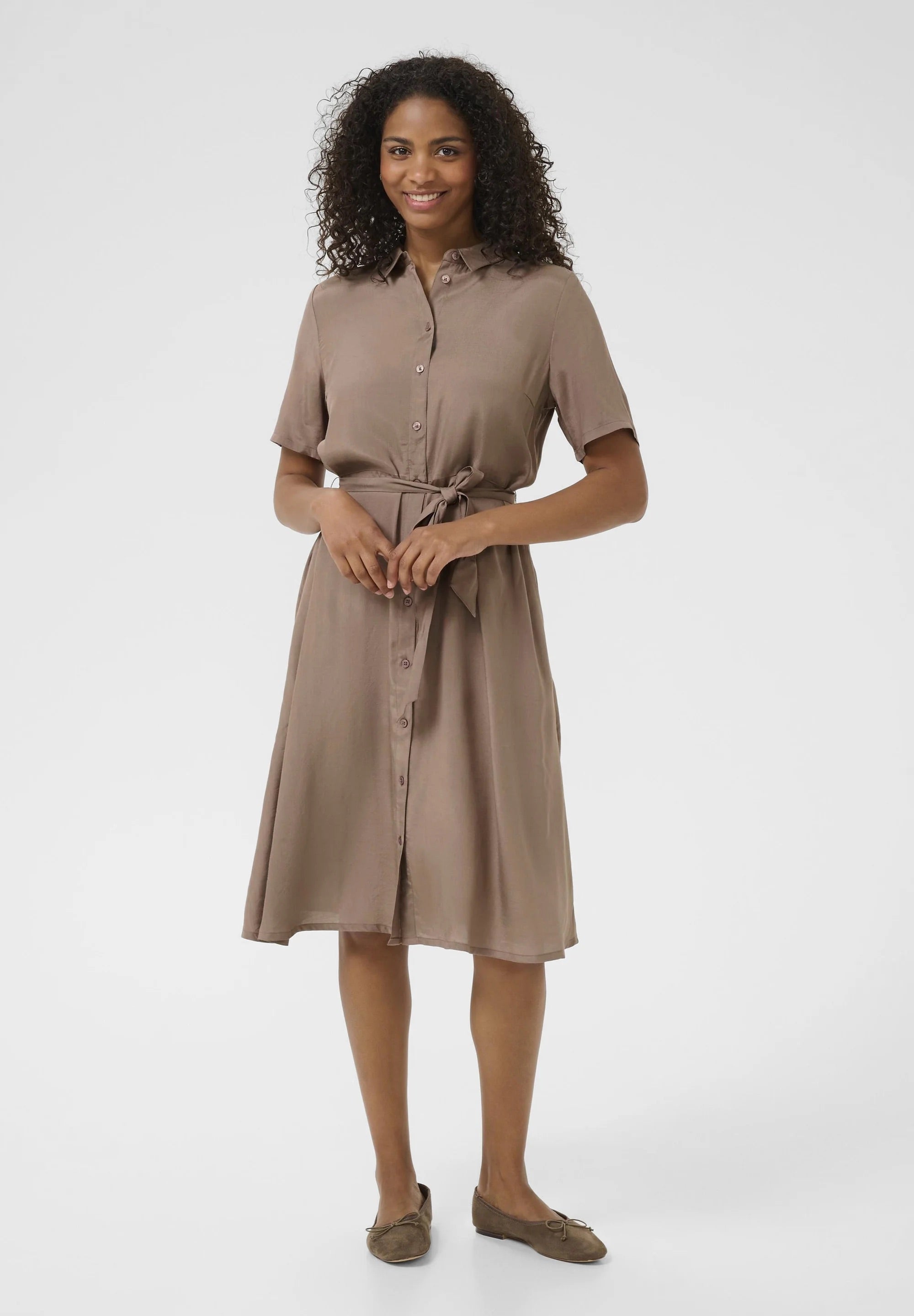 Kaffe KAemine Mocha Brown Satin Shirt Dress – Collar Neck Button Front Tie Waist Midi | Women