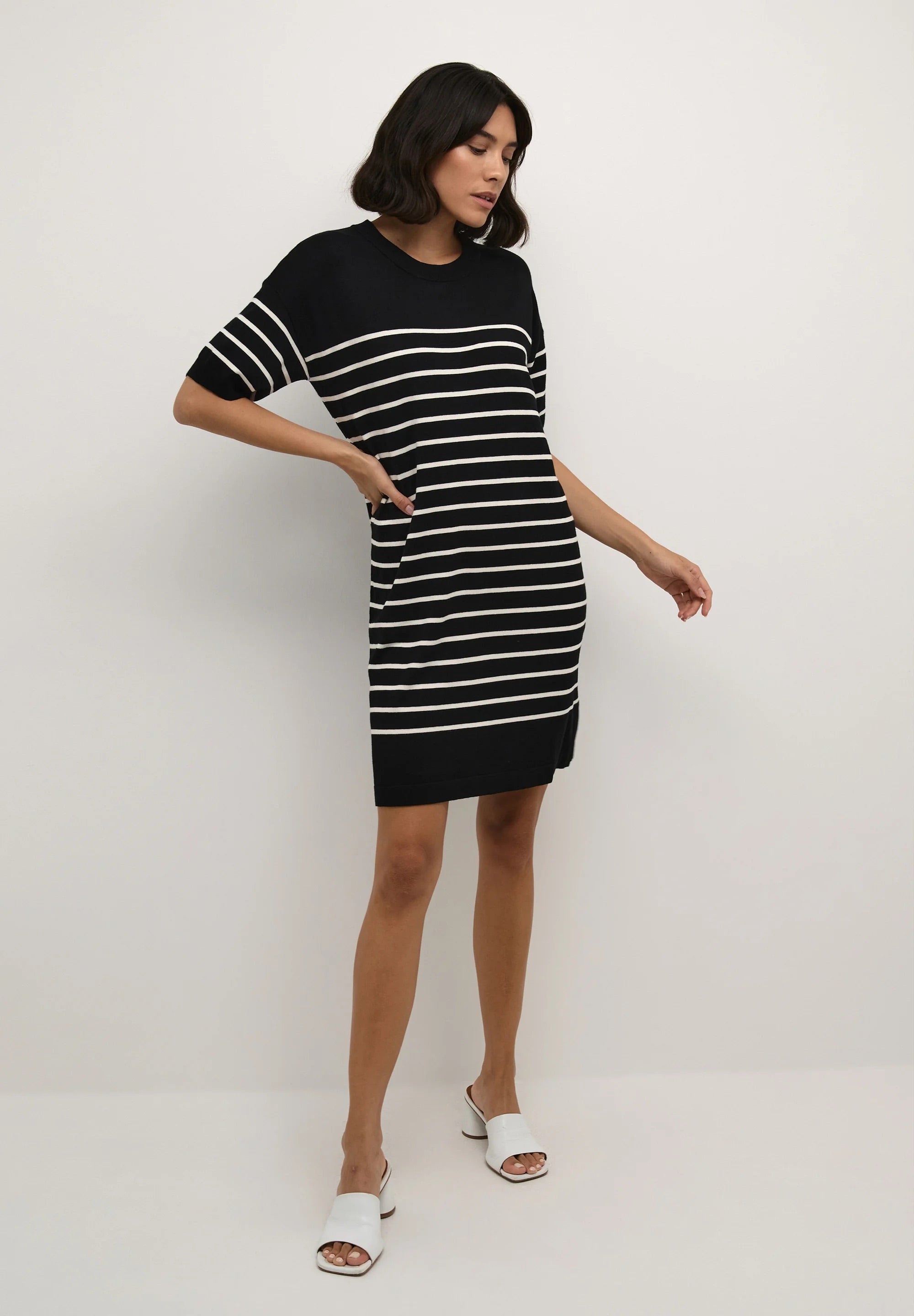 Kaffe Kalizza Black & White Stripe Knit Mini Dress – Short Sleeve | Women