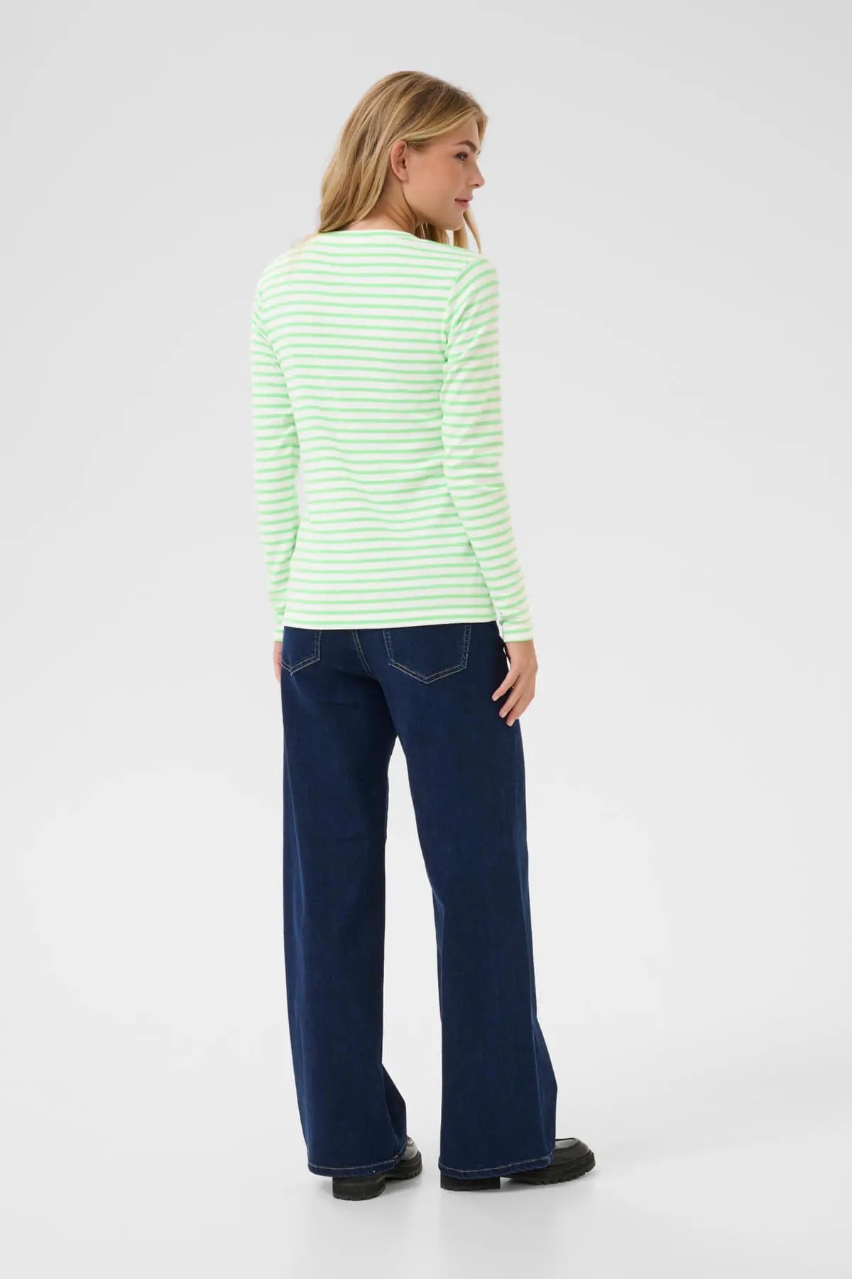 Kaffe Liddy Green White Stripe Long Sleeve Top – Round Neck Heart Embroidery | Women